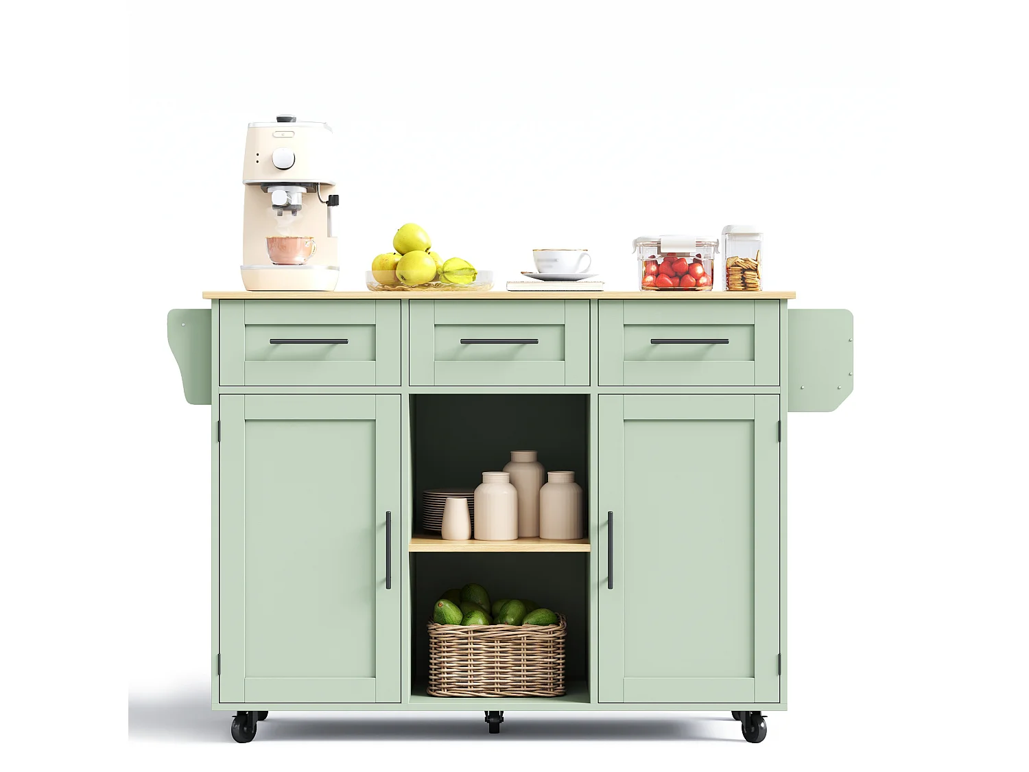 Kitchen Island - Foldable Dining Table - with 2 doors and 3 drawers - with wheels - replaceable solid wood legs - green