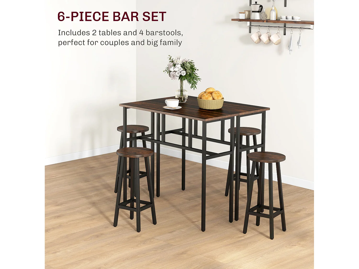 Halulo 6 Piece Rustic Brown Counter Bar Dining Set 2 Tables 4 Stools Flexible Layout