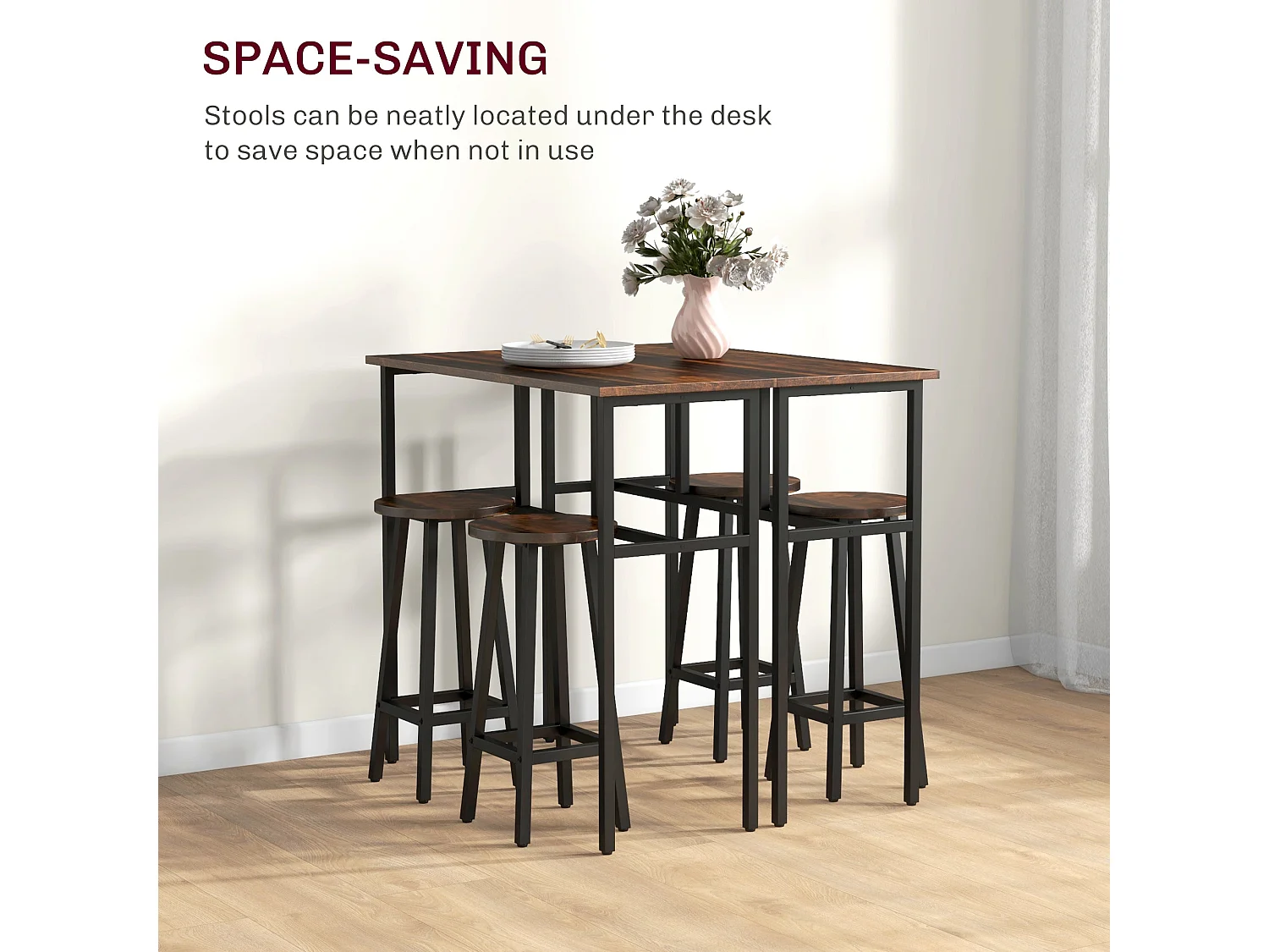 Halulo 6 Piece Rustic Brown Counter Bar Dining Set 2 Tables 4 Stools Flexible Layout