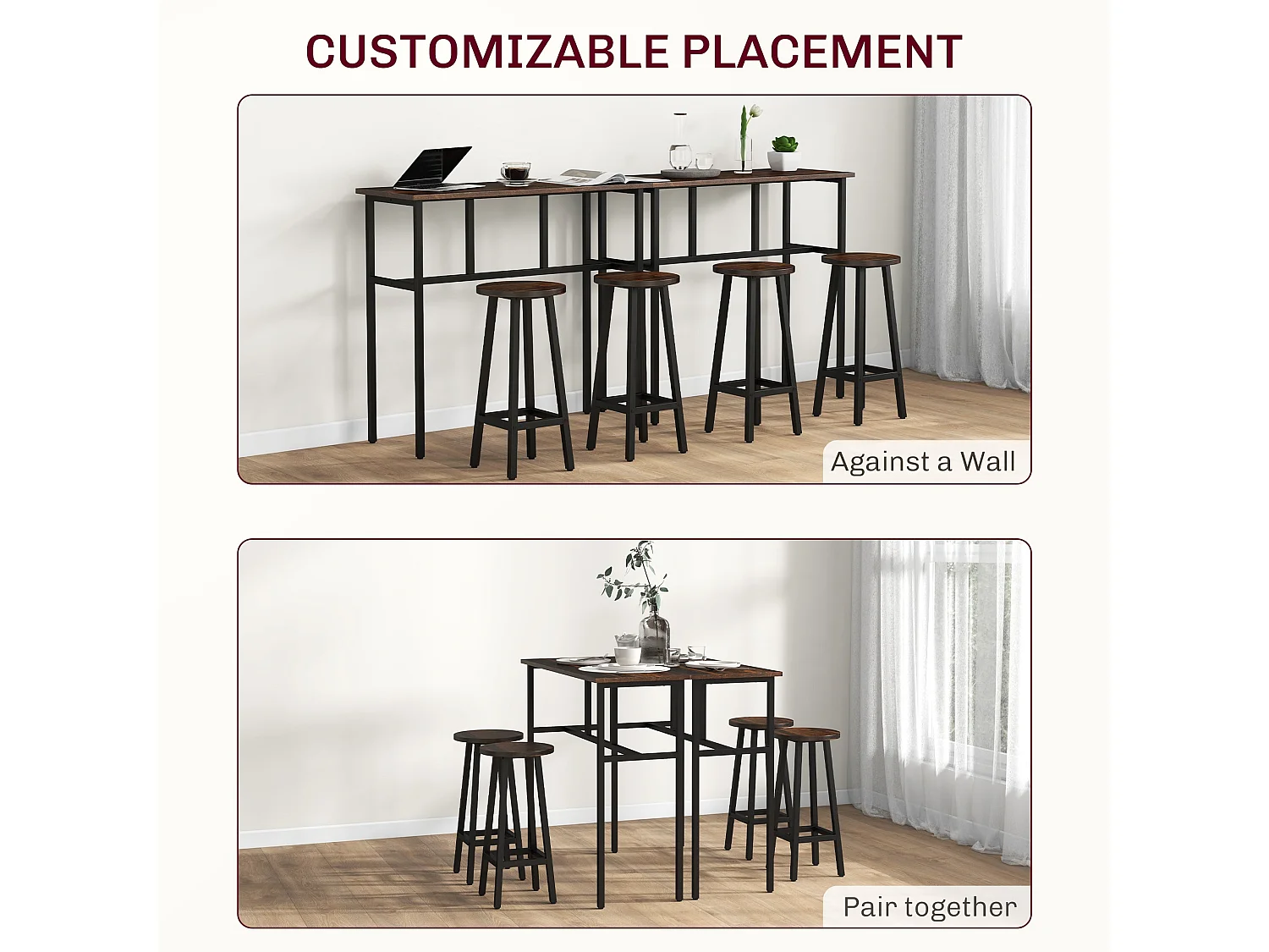 Halulo 6 Piece Rustic Brown Counter Bar Dining Set 2 Tables 4 Stools Flexible Layout