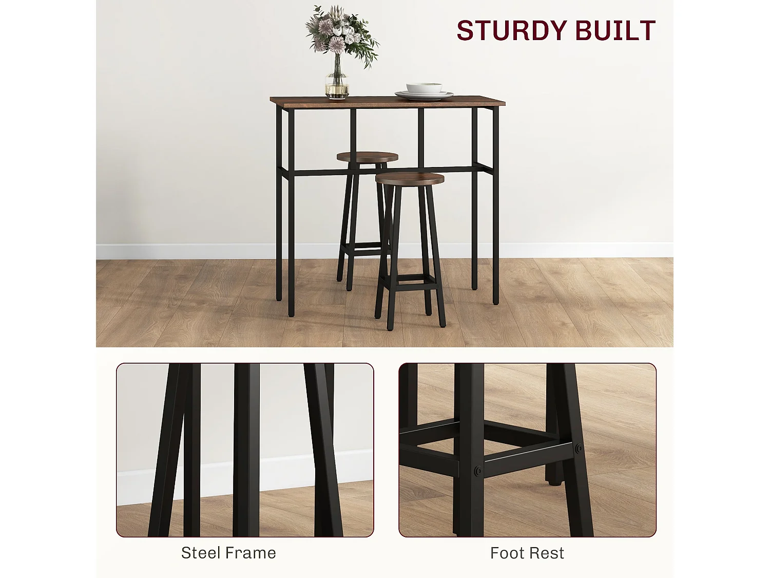 Halulo 6 Piece Rustic Brown Counter Bar Dining Set 2 Tables 4 Stools Flexible Layout