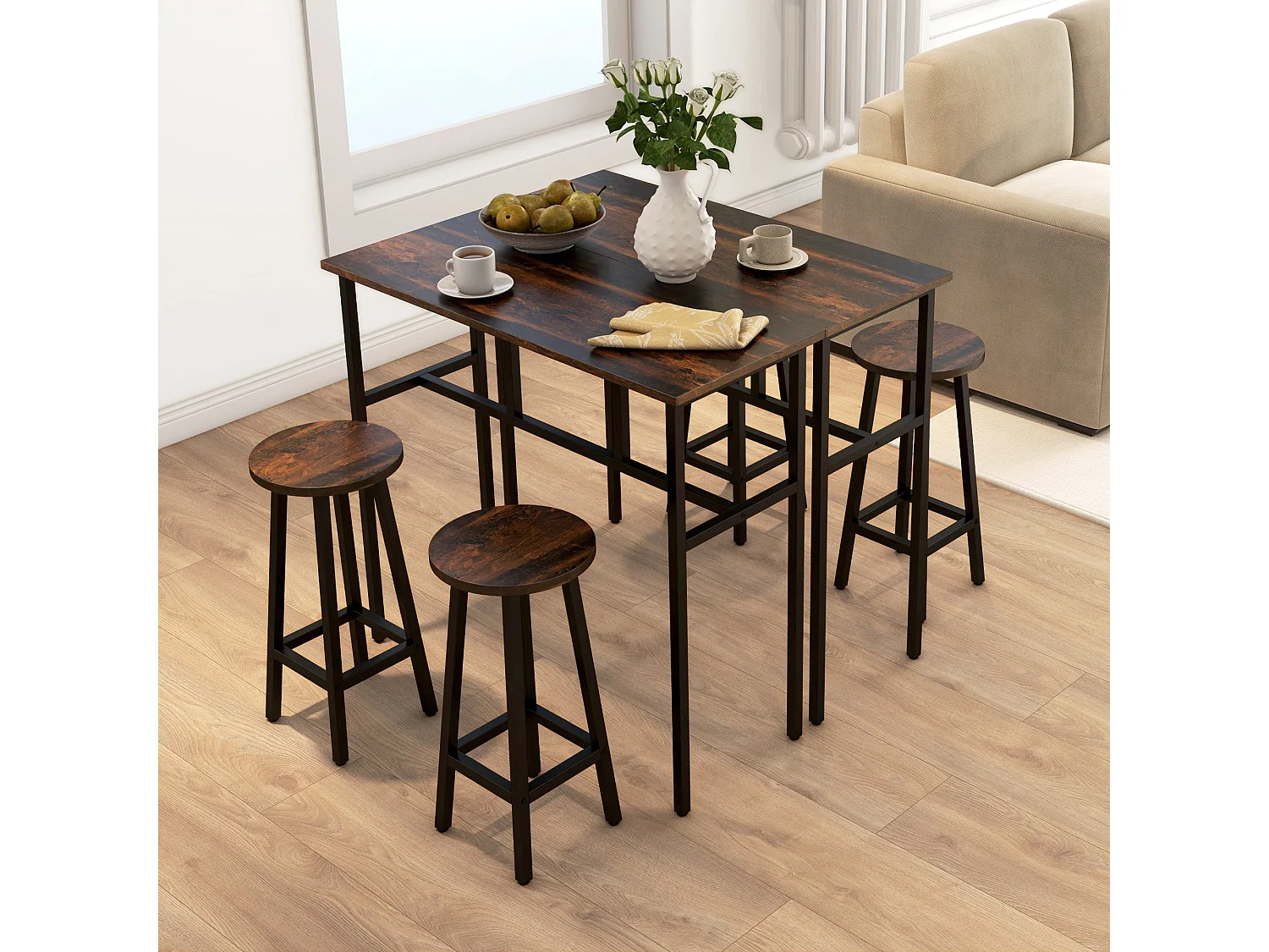 Halulo 6 Piece Rustic Brown Counter Bar Dining Set 2 Tables 4 Stools Flexible Layout