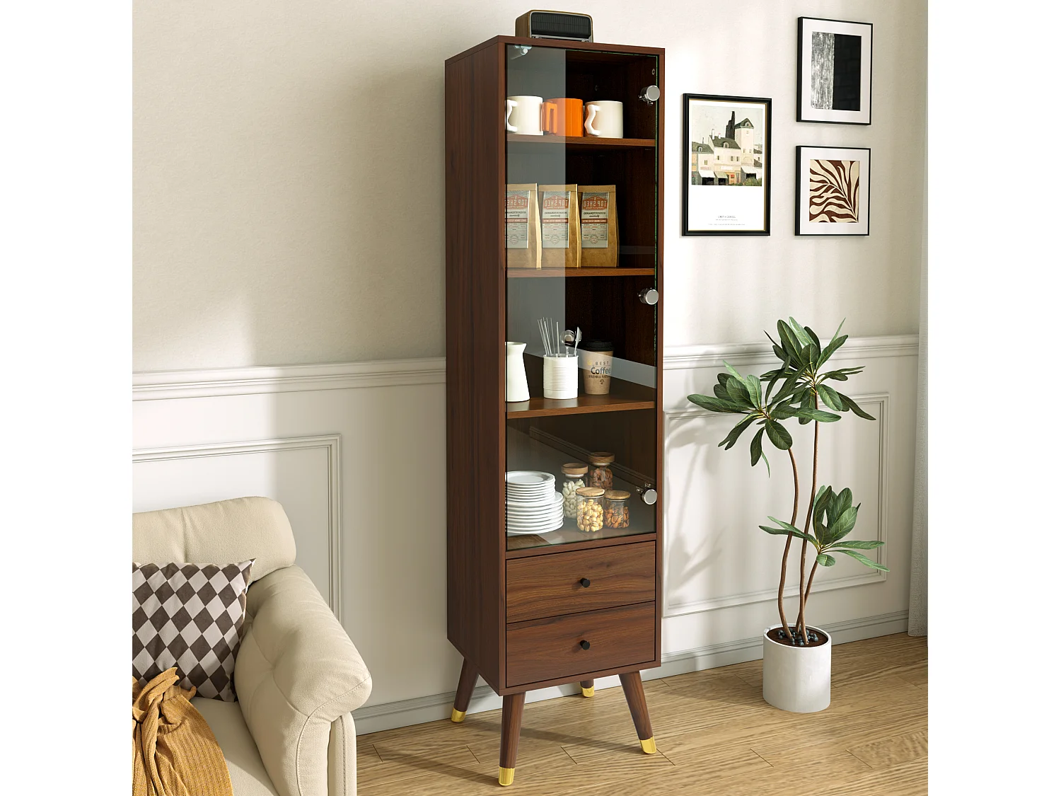 Vitrine/Meuble de salle de bains 39.8x35x160 cm - avec 1 porte vitrée et 2 tiroirs - système à ouverture par simple pression - noyer