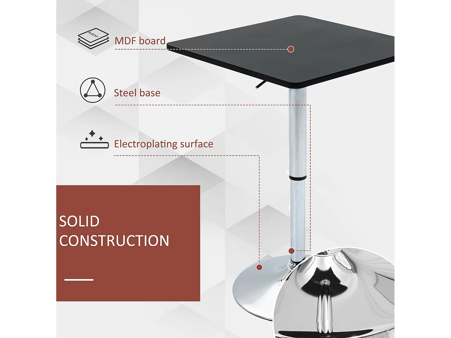 Eltani Adjustable Swivel Bar Table Black MDF Top Polished Silver Base