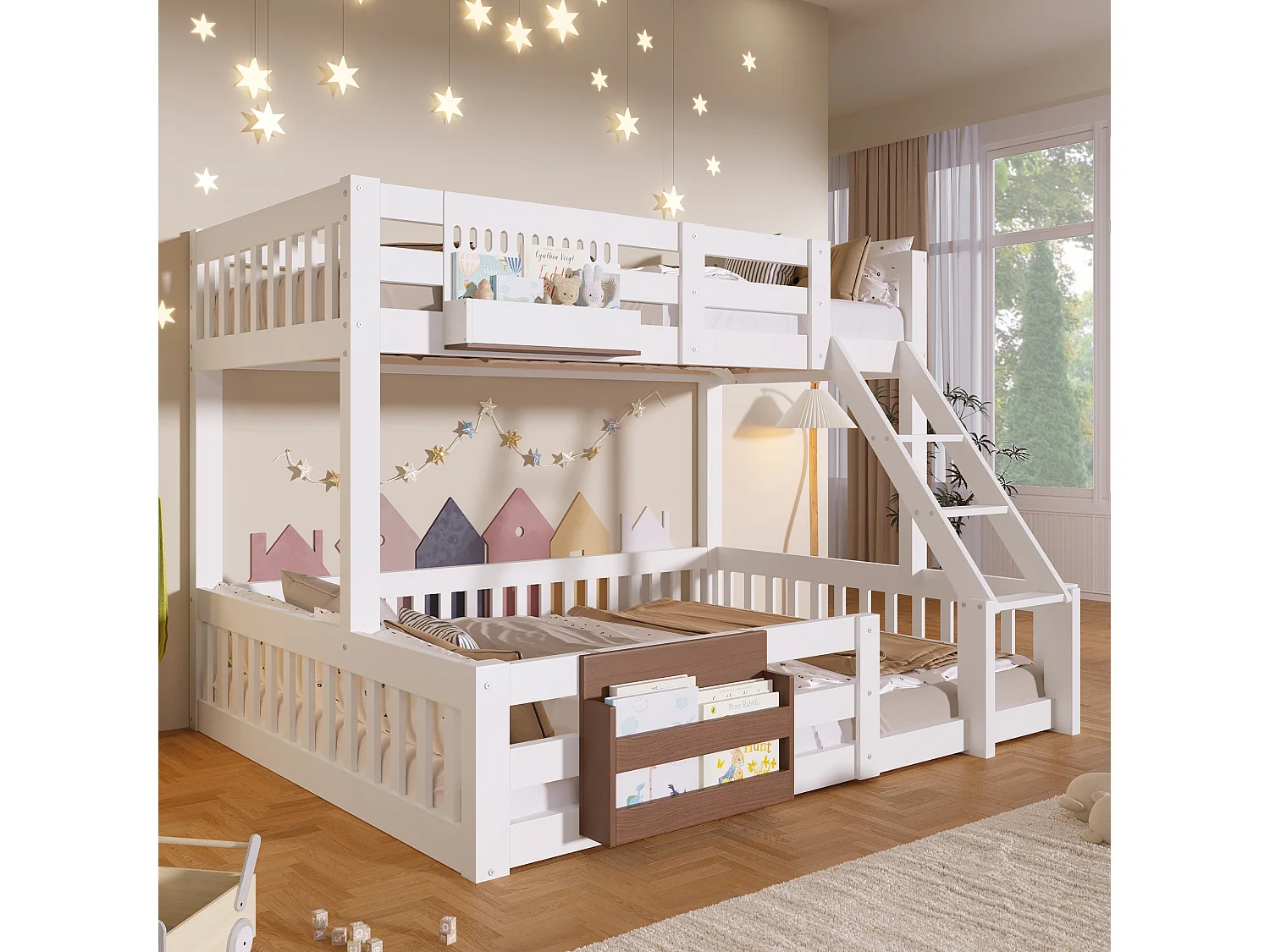 Bunk Bed 90 × 200 cm + 140 × 200 cm - with storage compartments - with safety rails - with ladder - white (mattresses not included)