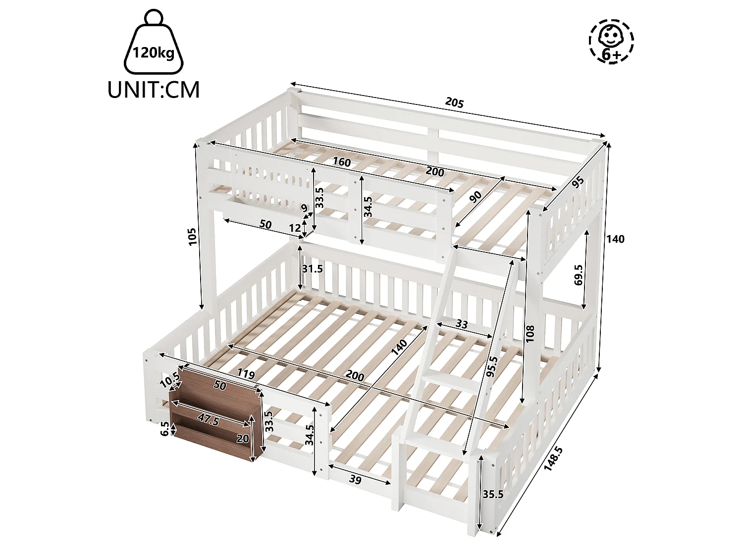 Bunk Bed 90 × 200 cm + 140 × 200 cm - with storage compartments - with safety rails - with ladder - white (mattresses not included)