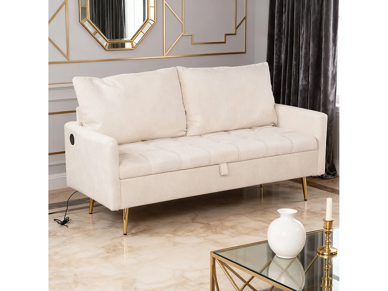 AHBARM - 2-zits slaapbank met opbergruimte, bekleed met beige stof en gouden poten moderne stijl