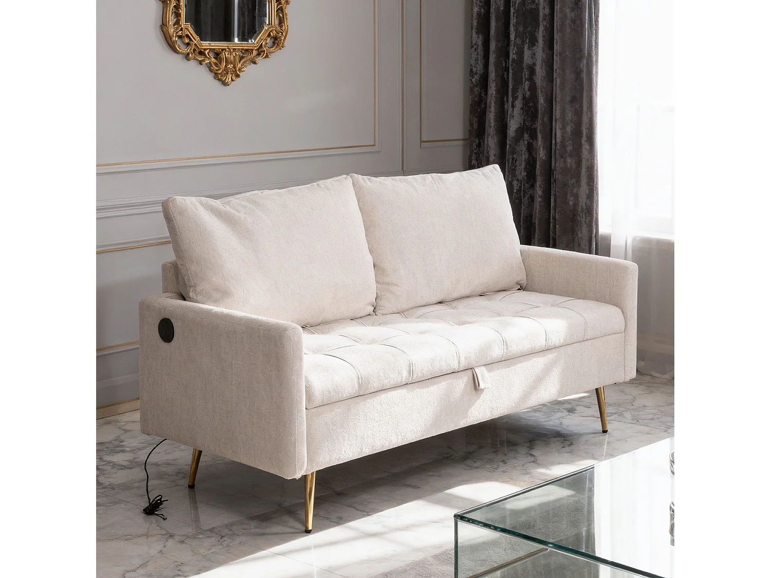 AHBARM - 2-zits slaapbank met opbergruimte, bekleed met beige stof en gouden poten moderne stijl