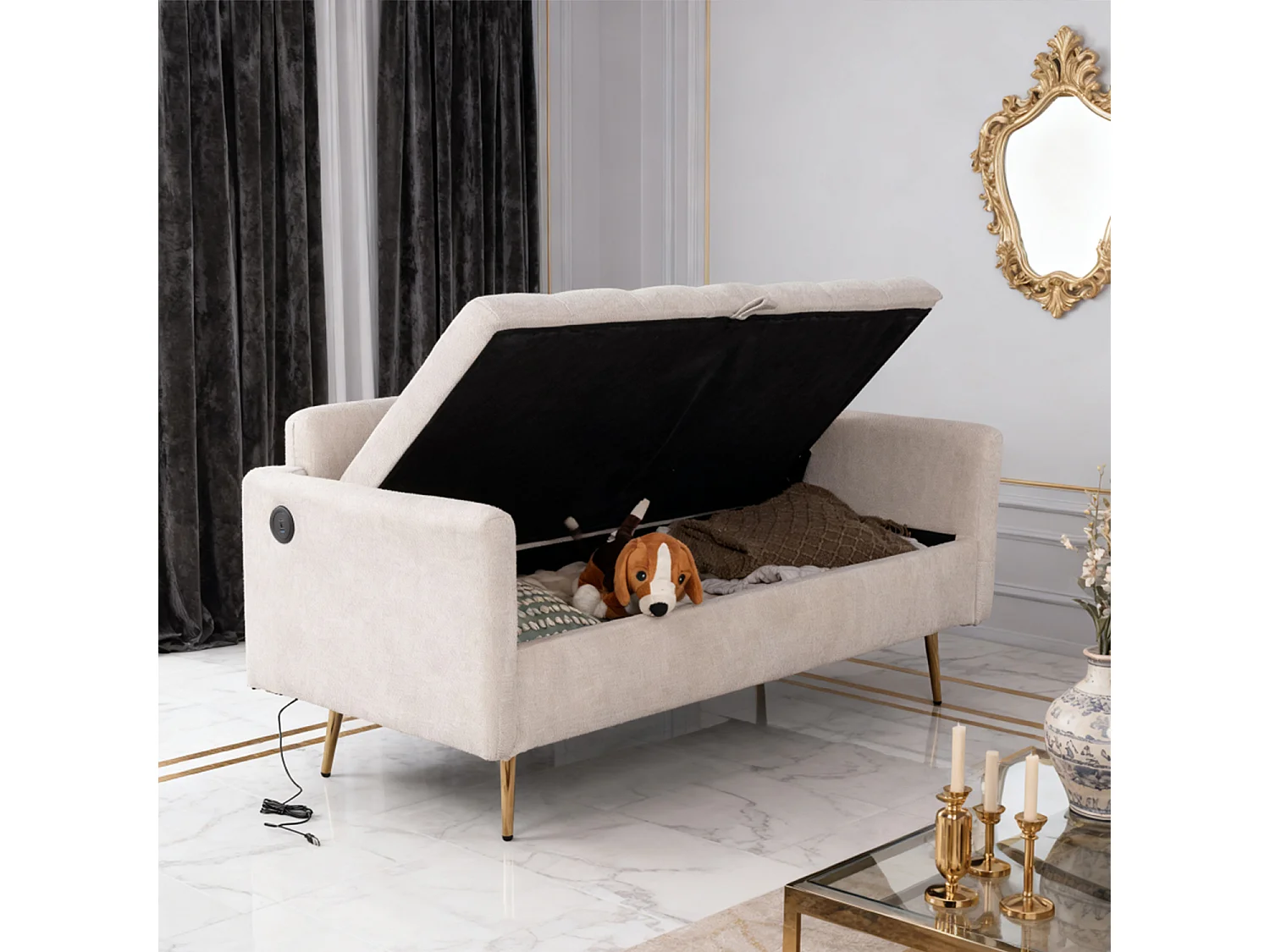 AHBARM - 2-zits slaapbank met opbergruimte, bekleed met beige stof en gouden poten moderne stijl