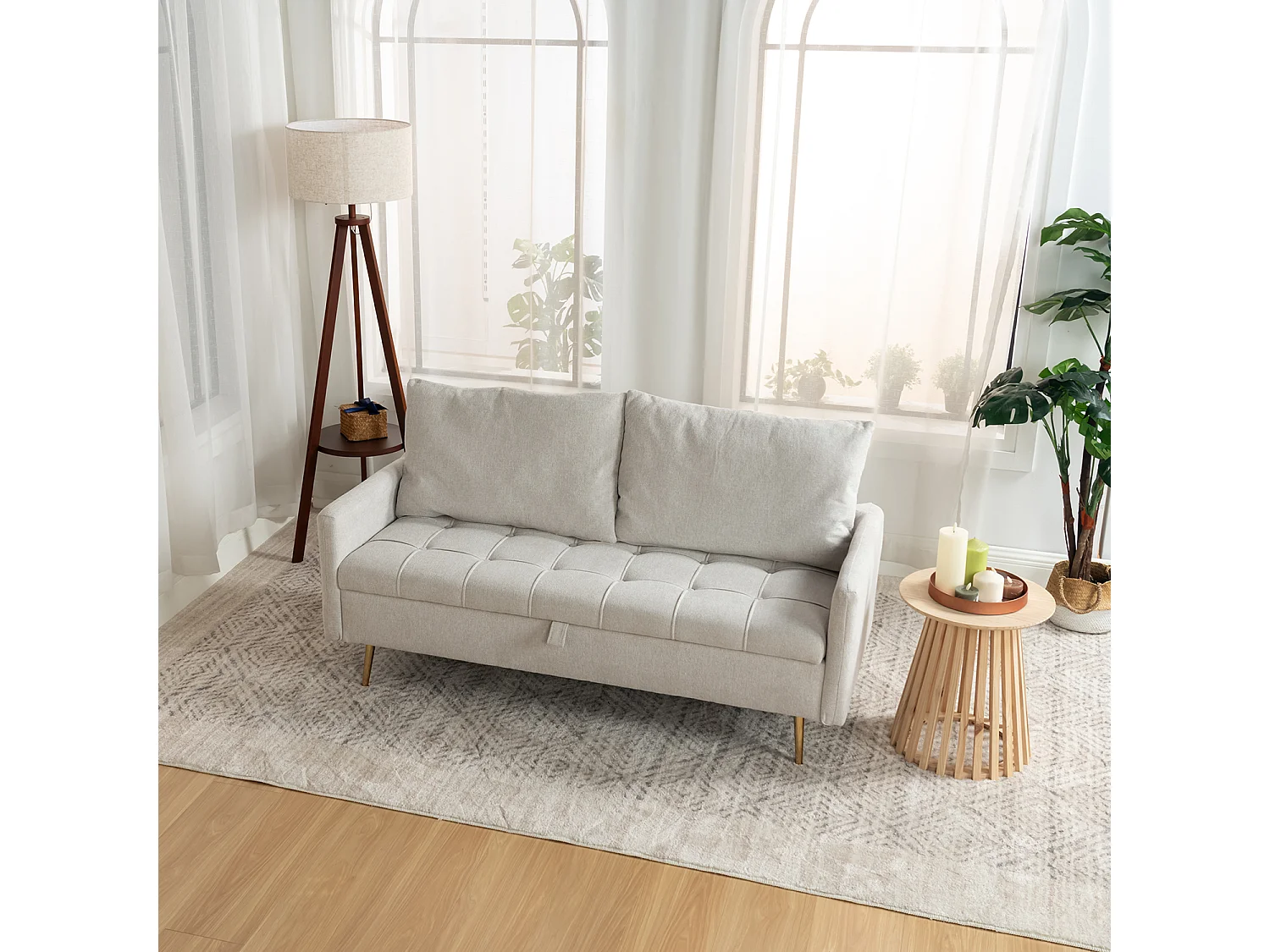AHBARM - 2-zits slaapbank met opbergruimte, bekleed met beige stof en gouden poten moderne stijl