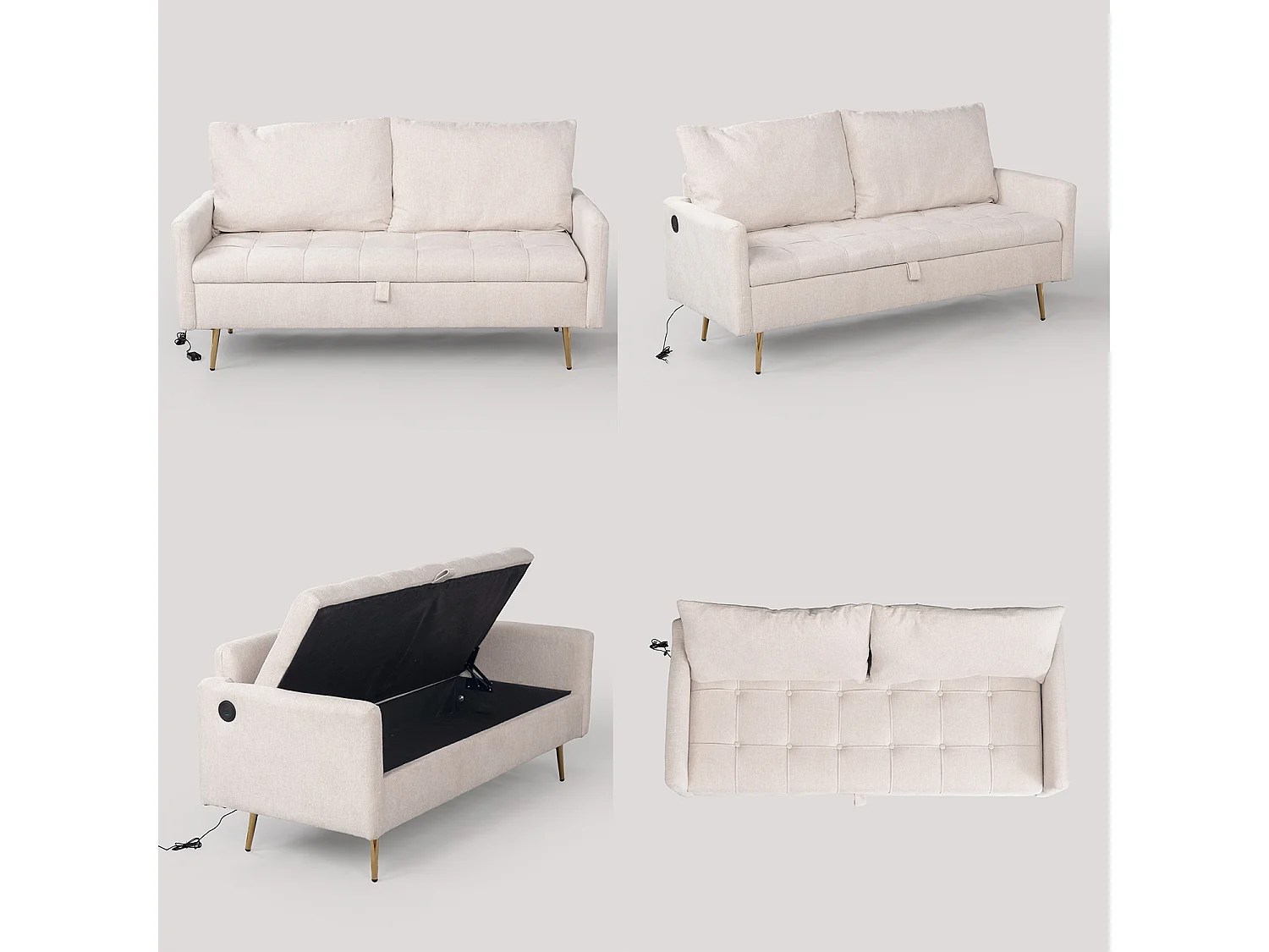 AHBARM - 2-zits slaapbank met opbergruimte, bekleed met beige stof en gouden poten moderne stijl