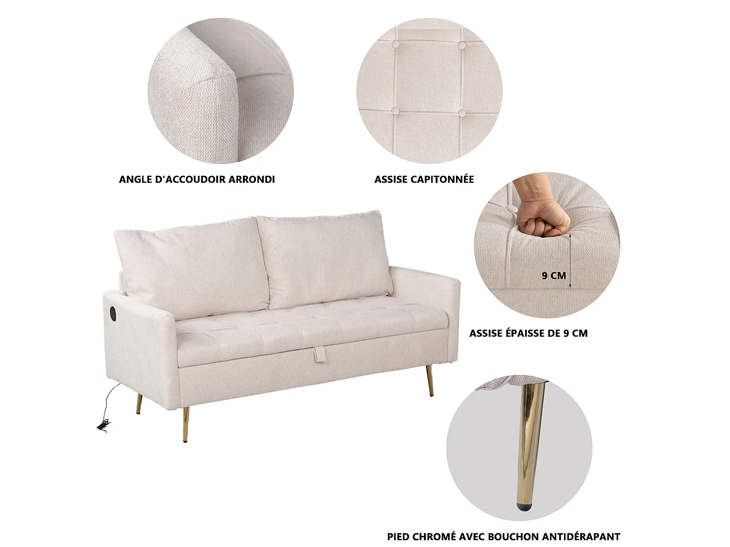 AHBARM - 2-zits slaapbank met opbergruimte, bekleed met beige stof en gouden poten moderne stijl
