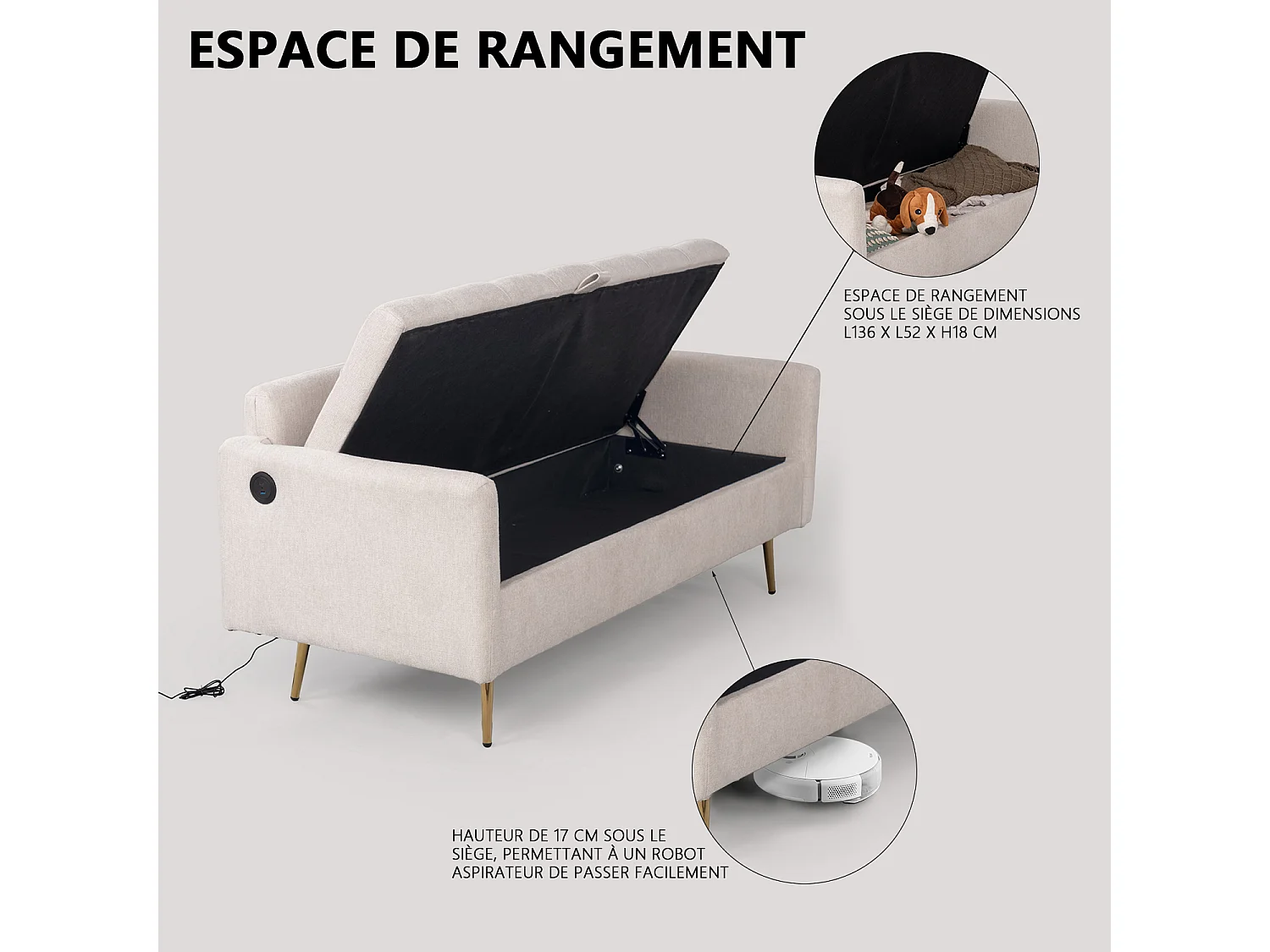 AHBARM - 2-zits slaapbank met opbergruimte, bekleed met beige stof en gouden poten moderne stijl