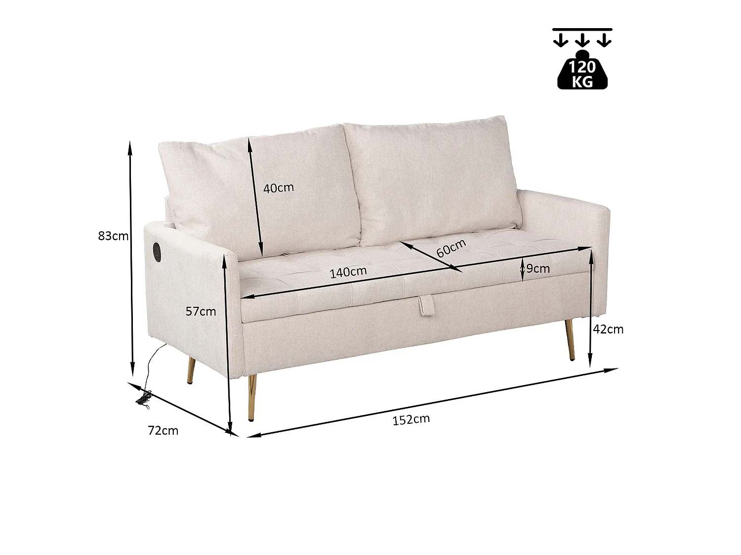 AHBARM - 2-zits slaapbank met opbergruimte, bekleed met beige stof en gouden poten moderne stijl