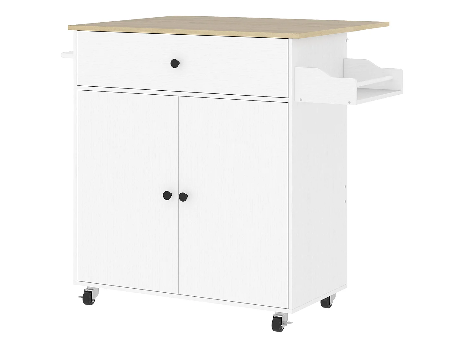 Seto White and Oak Rolling Kitchen Island with Drop Leaf Countertop Drawer Spice Rack and Towel Rail