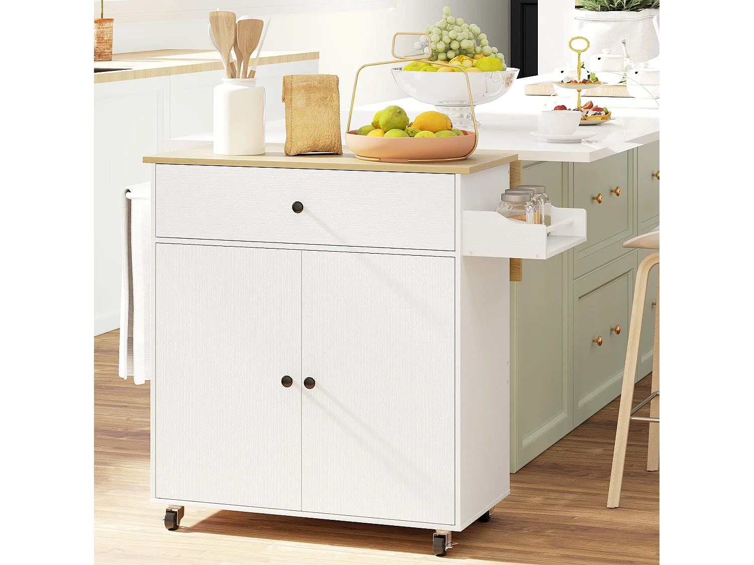 Seto White and Oak Rolling Kitchen Island with Drop Leaf Countertop Drawer Spice Rack and Towel Rail