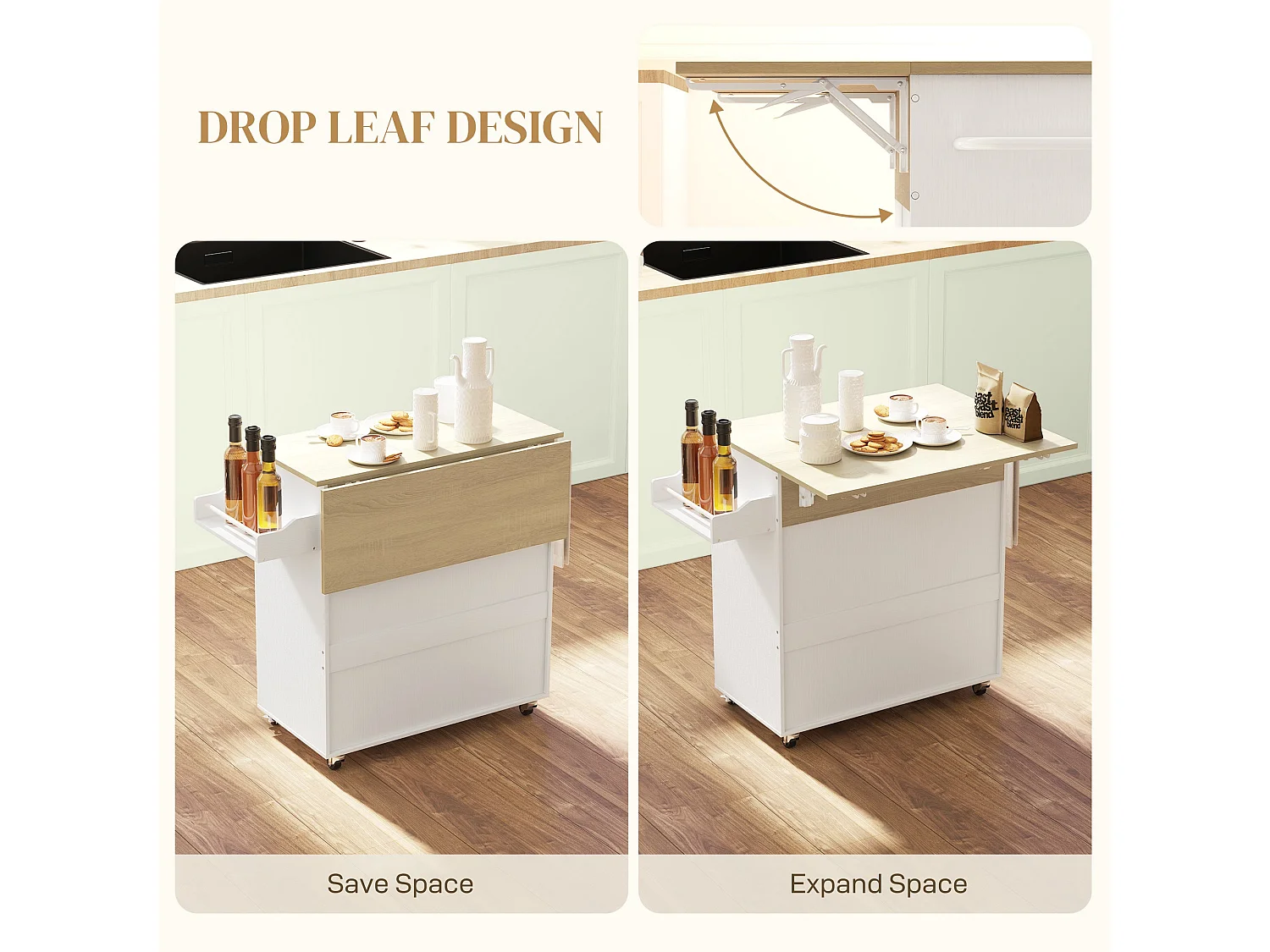 Seto White and Oak Rolling Kitchen Island with Drop Leaf Countertop Drawer Spice Rack and Towel Rail