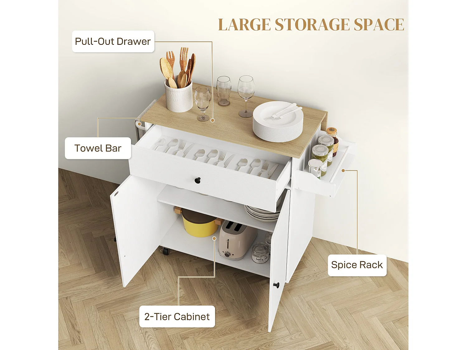 Seto White and Oak Rolling Kitchen Island with Drop Leaf Countertop Drawer Spice Rack and Towel Rail