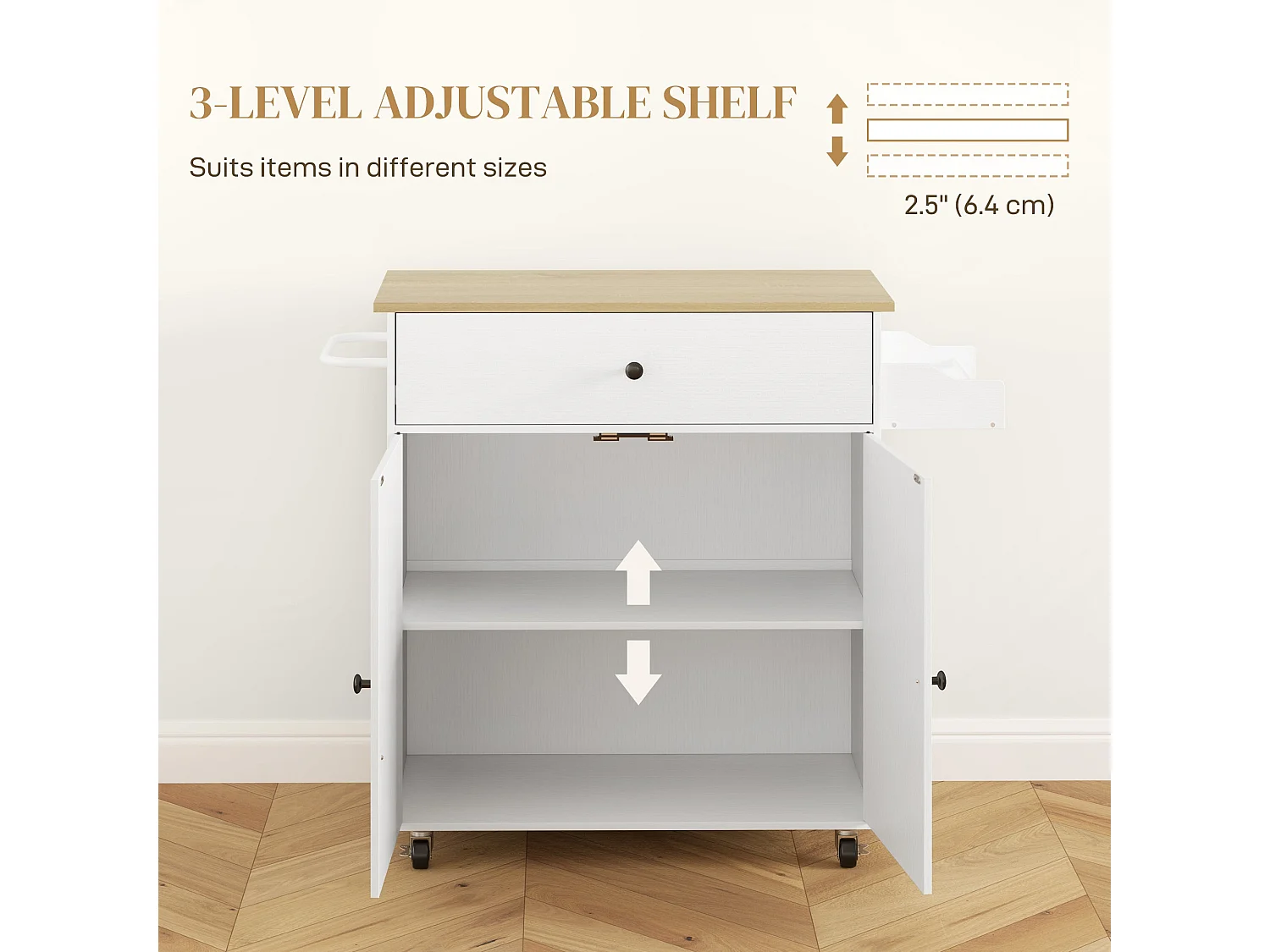 Seto White and Oak Rolling Kitchen Island with Drop Leaf Countertop Drawer Spice Rack and Towel Rail