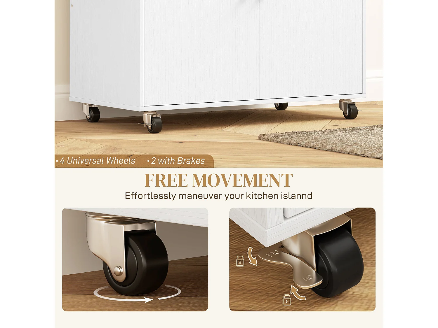 Seto White and Oak Rolling Kitchen Island with Drop Leaf Countertop Drawer Spice Rack and Towel Rail