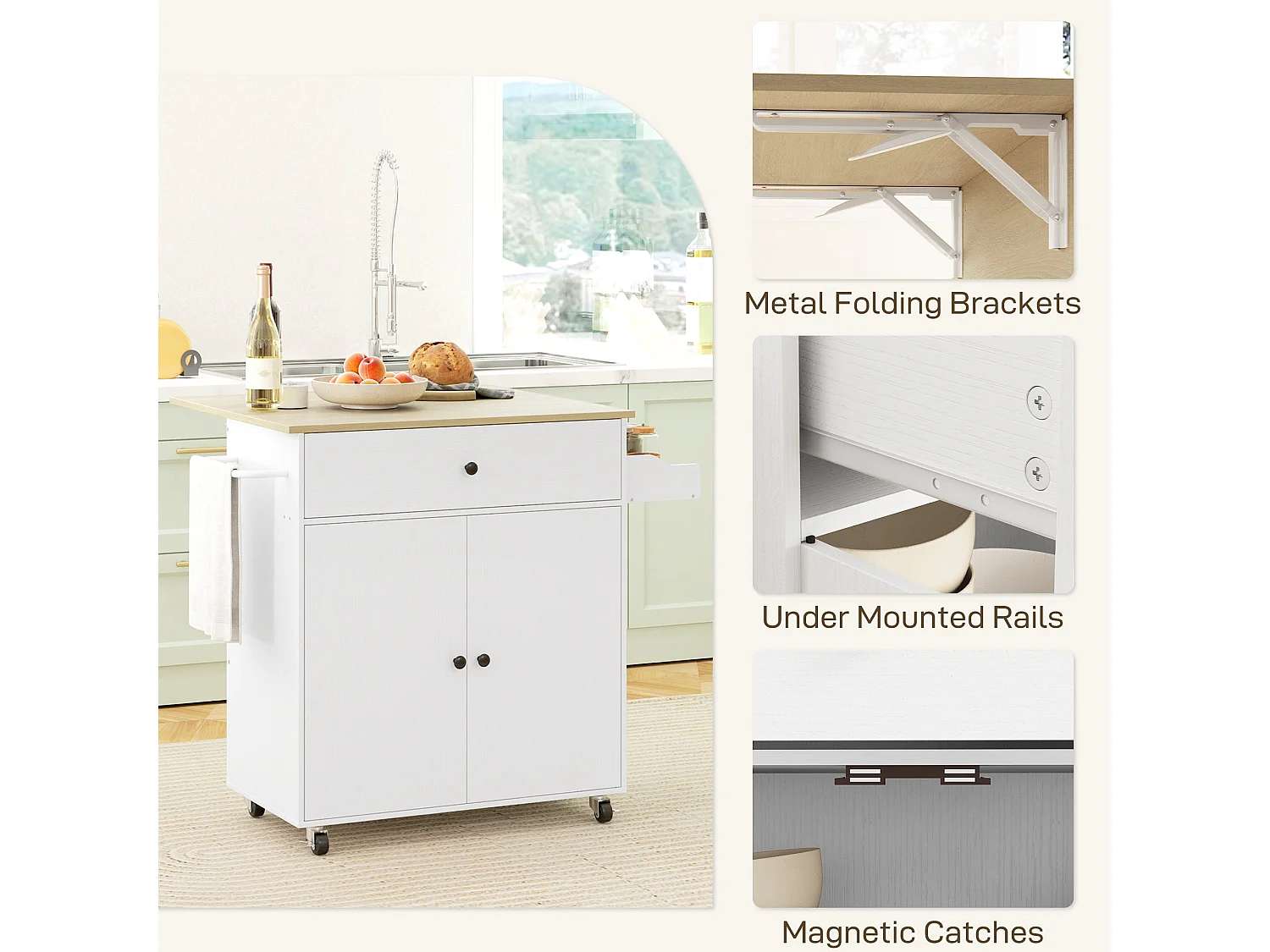 Seto White and Oak Rolling Kitchen Island with Drop Leaf Countertop Drawer Spice Rack and Towel Rail