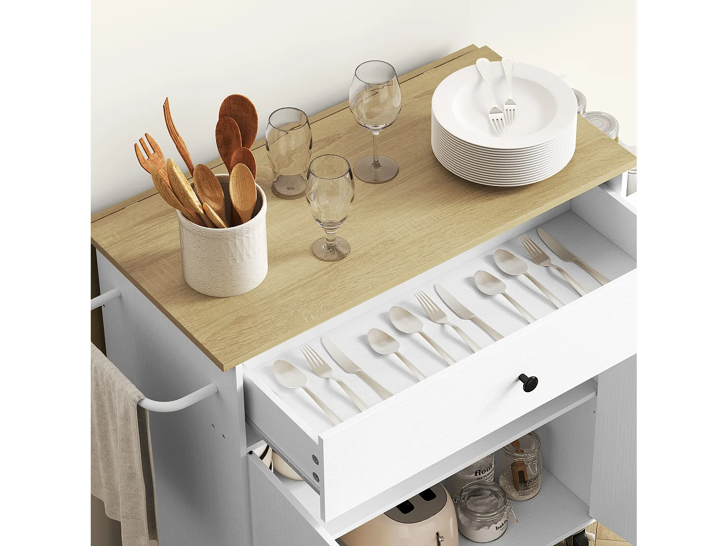 Seto White and Oak Rolling Kitchen Island with Drop Leaf Countertop Drawer Spice Rack and Towel Rail