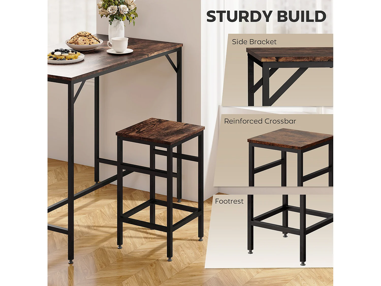 Vimose 5 Piece Rustic Brown Breakfast Bar Table and 4 Stool Set