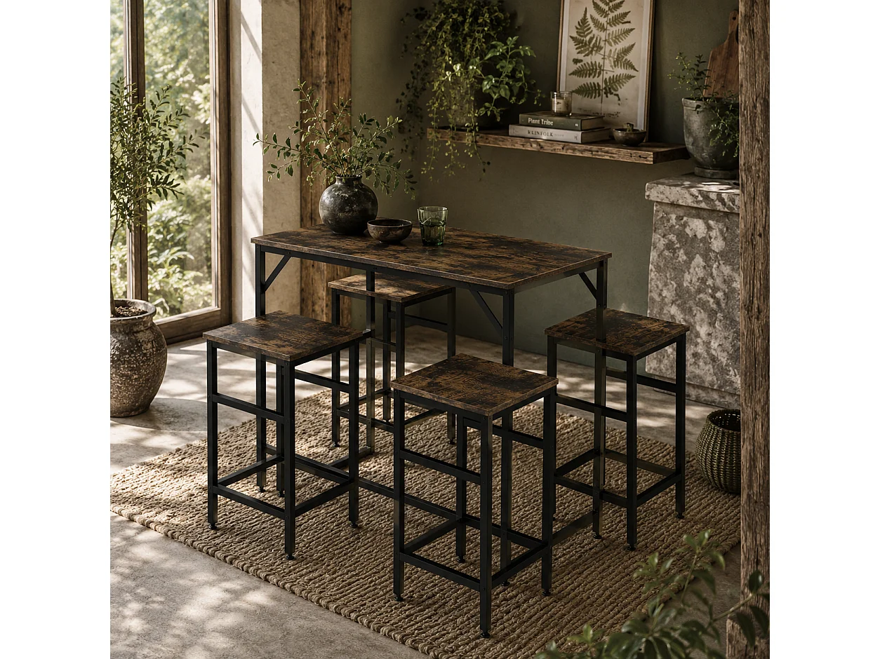 Vimose 5 Piece Rustic Brown Breakfast Bar Table and 4 Stool Set
