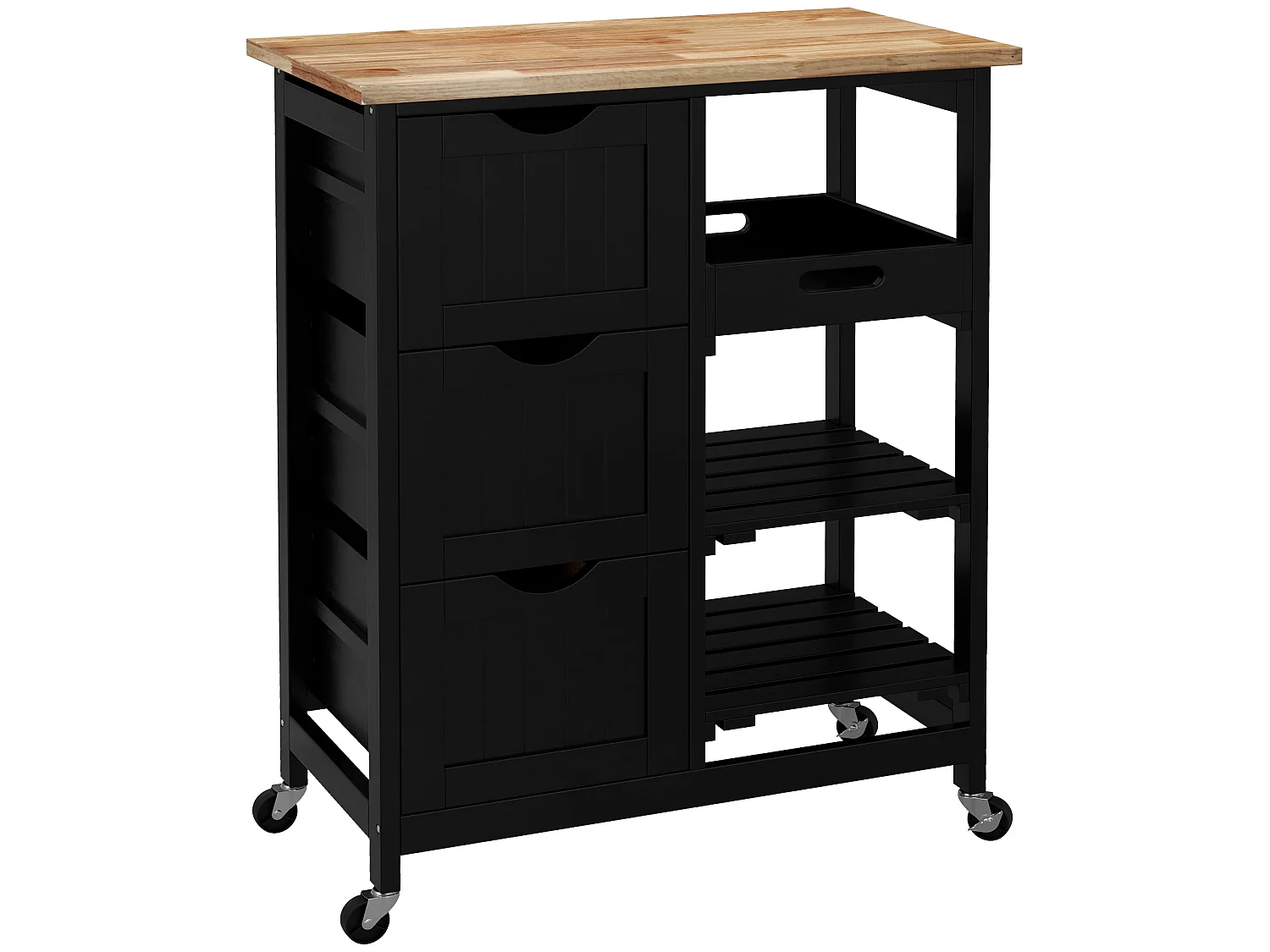 Tovafi Black Compact Rolling Kitchen Island with Rubberwood Top Shelves and 3 Drawers
