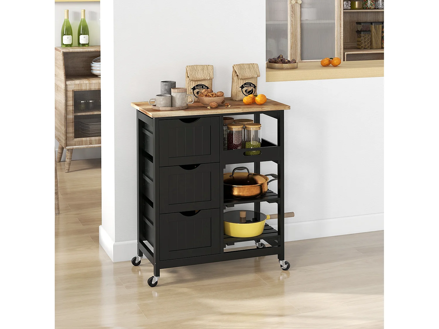 Tovafi Black Compact Rolling Kitchen Island with Rubberwood Top Shelves and 3 Drawers