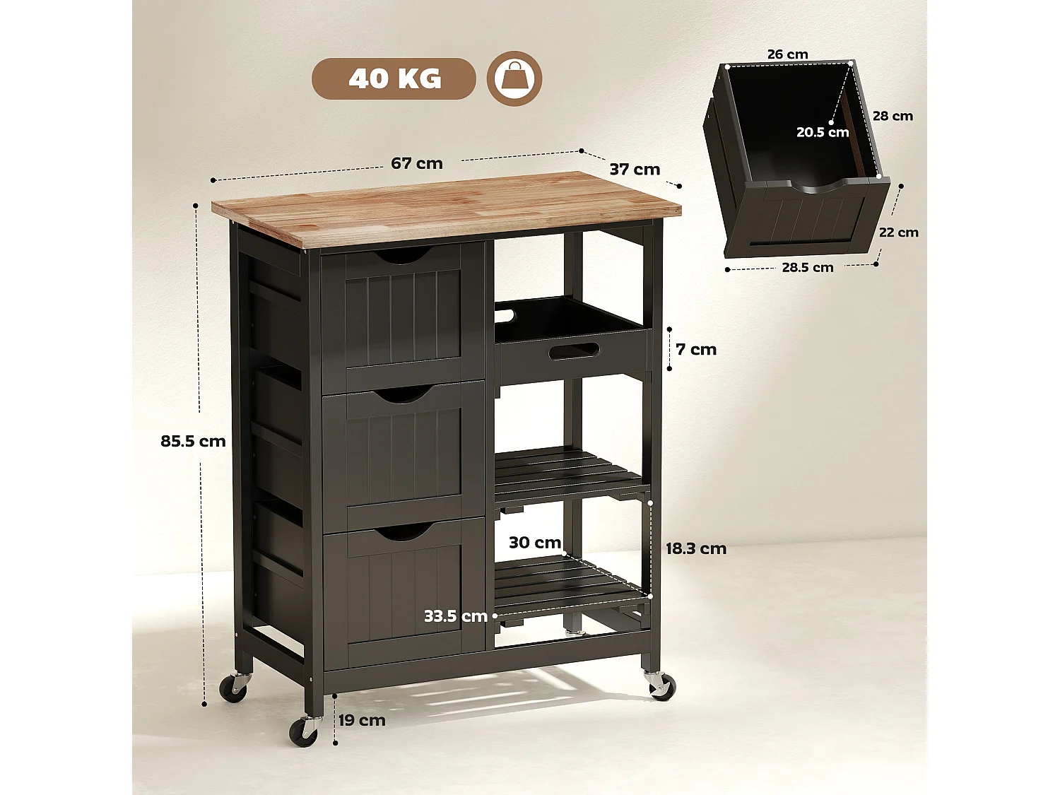 Tovafi Black Compact Rolling Kitchen Island with Rubberwood Top Shelves and 3 Drawers