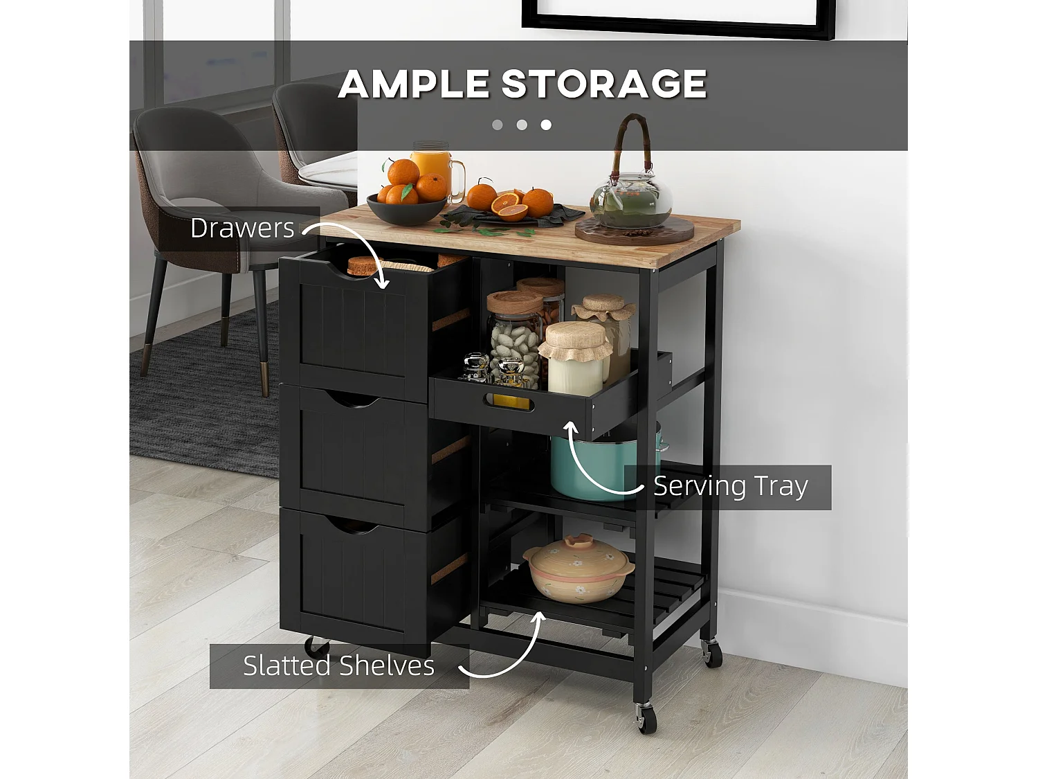 Tovafi Black Compact Rolling Kitchen Island with Rubberwood Top Shelves and 3 Drawers