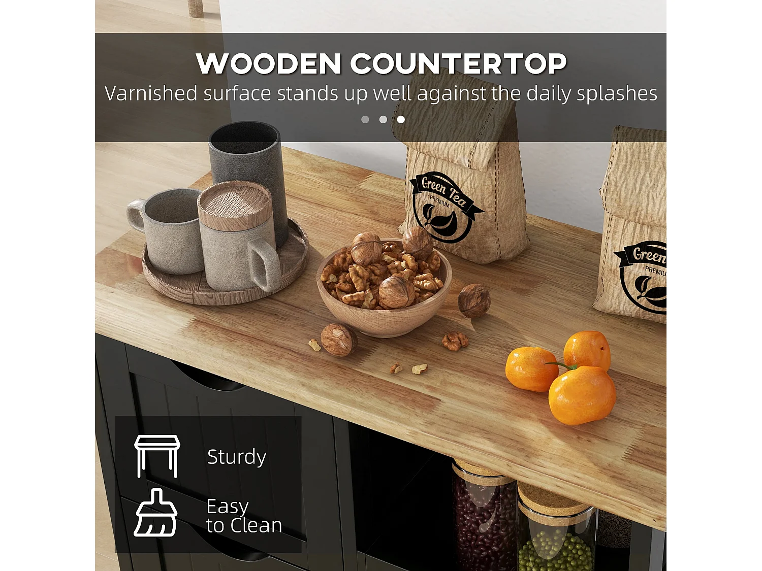 Tovafi Black Compact Rolling Kitchen Island with Rubberwood Top Shelves and 3 Drawers