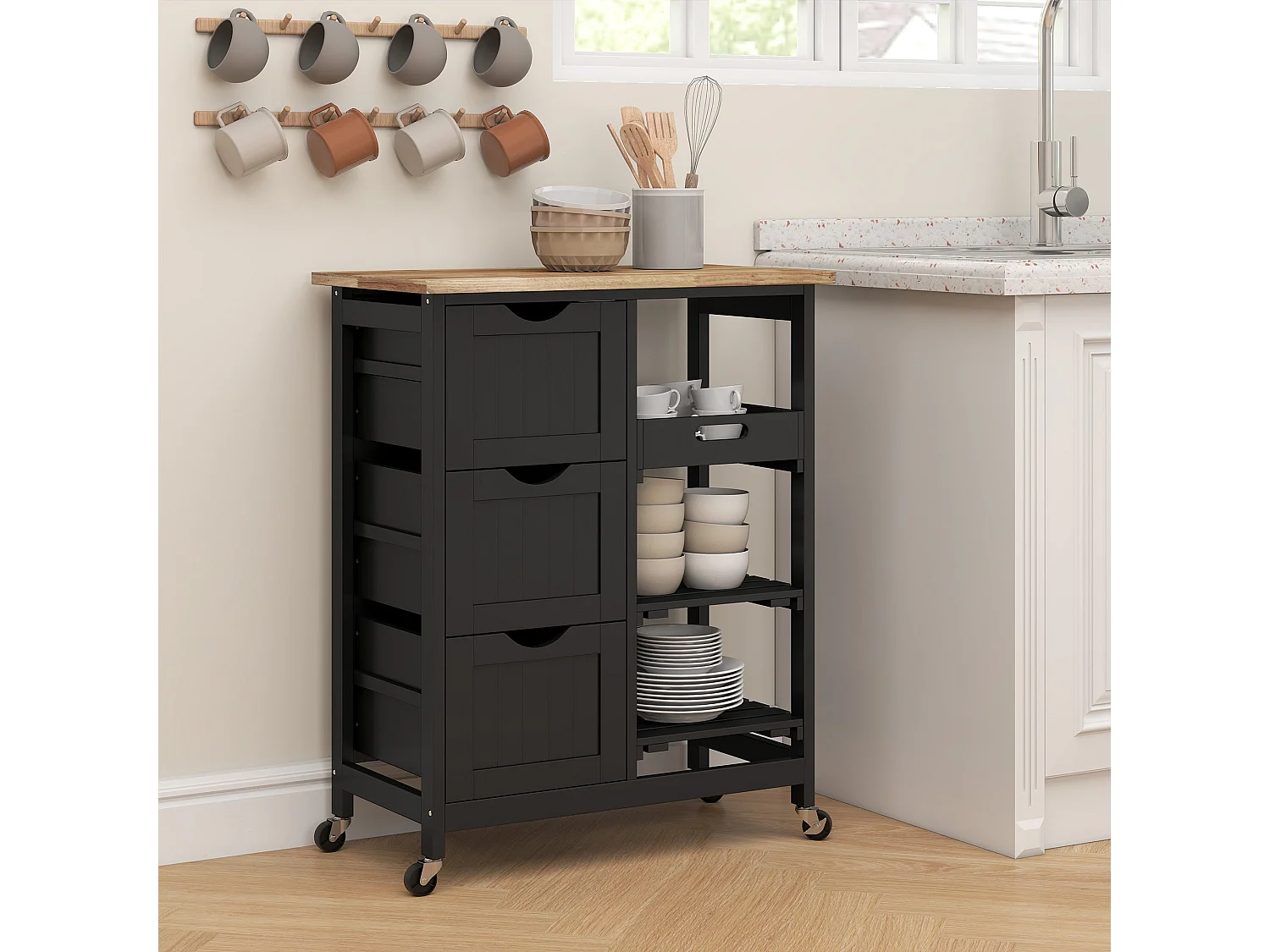 Tovafi Black Compact Rolling Kitchen Island with Rubberwood Top Shelves and 3 Drawers