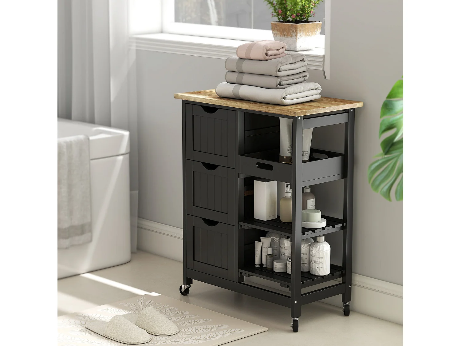 Tovafi Black Compact Rolling Kitchen Island with Rubberwood Top Shelves and 3 Drawers