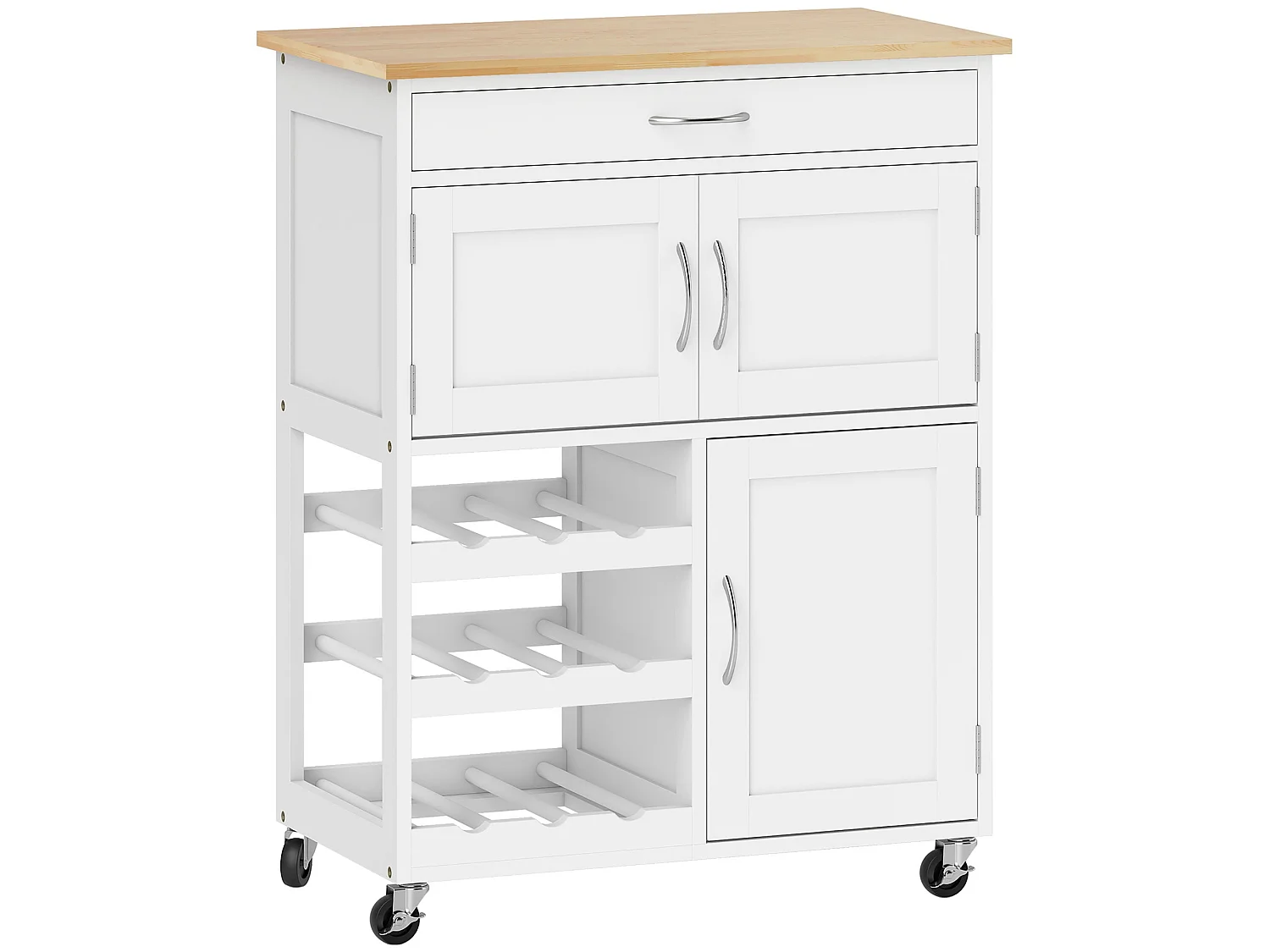 Hala Wooden Rolling Kitchen Island White Rubberwood Top Wine Rack 1 Drawer 3 Doors