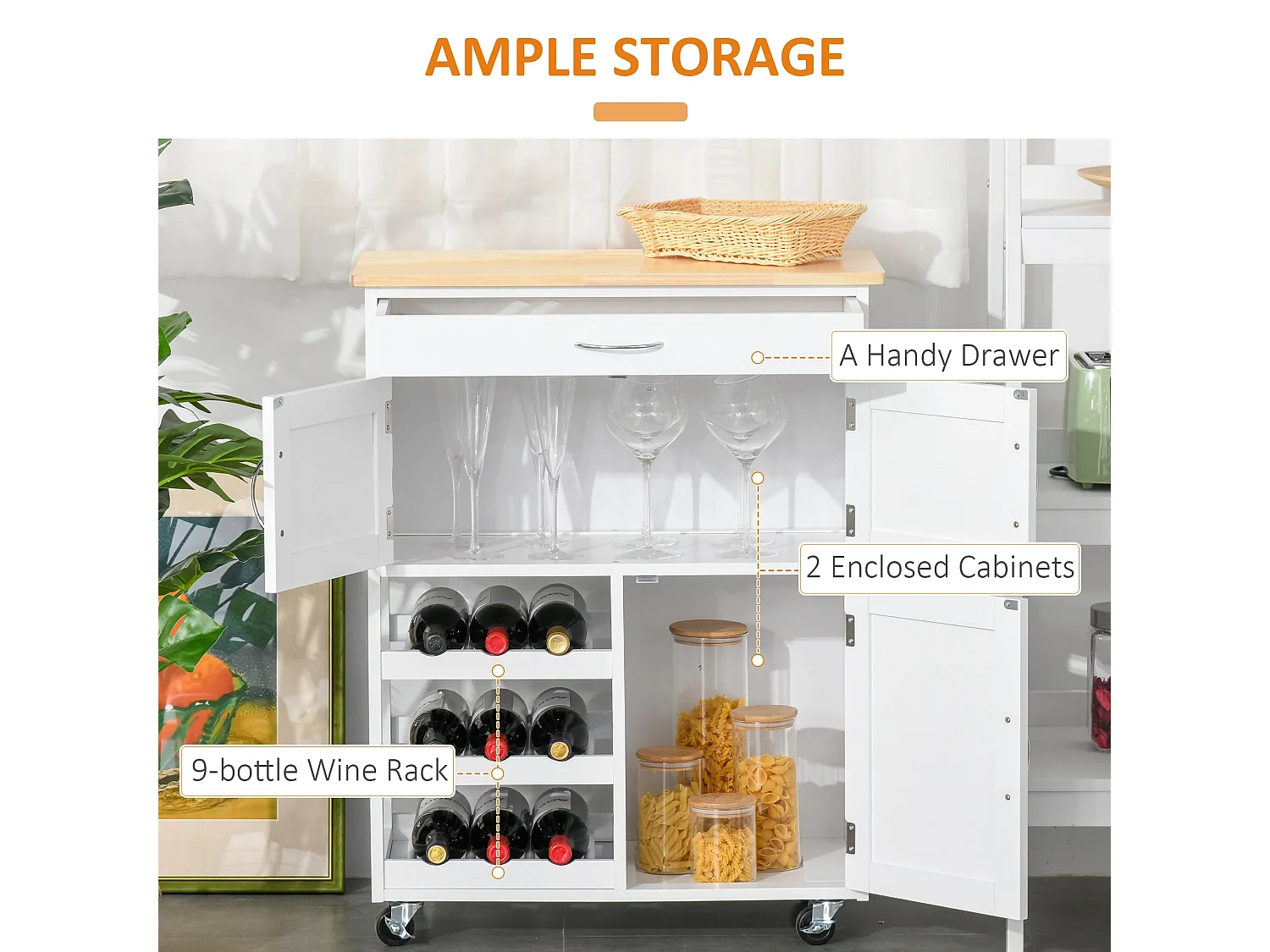 Hala Wooden Rolling Kitchen Island White Rubberwood Top Wine Rack 1 Drawer 3 Doors