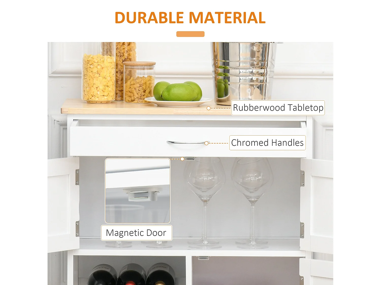 Hala Wooden Rolling Kitchen Island White Rubberwood Top Wine Rack 1 Drawer 3 Doors