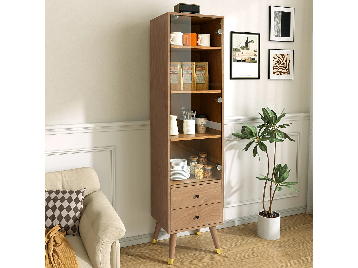 Vitrine/Meuble de salle de bains 39.8x35x160 cm - avec 1 porte vitrée et 2 tiroirs - système à ouverture par simple pression - naturel