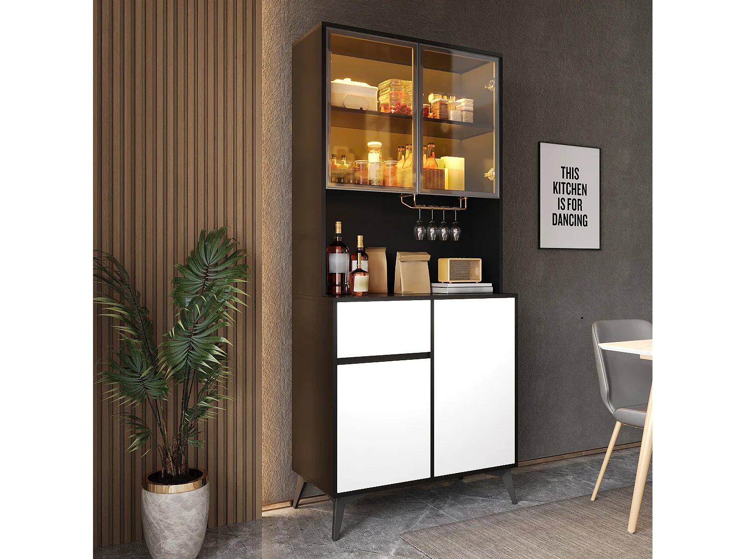 Vitrine/Armoire haute 80x40x180 cm - Éclairage LED - 4 portes et 1 tiroir - Portes vitrées - MDF - Blanc et noir