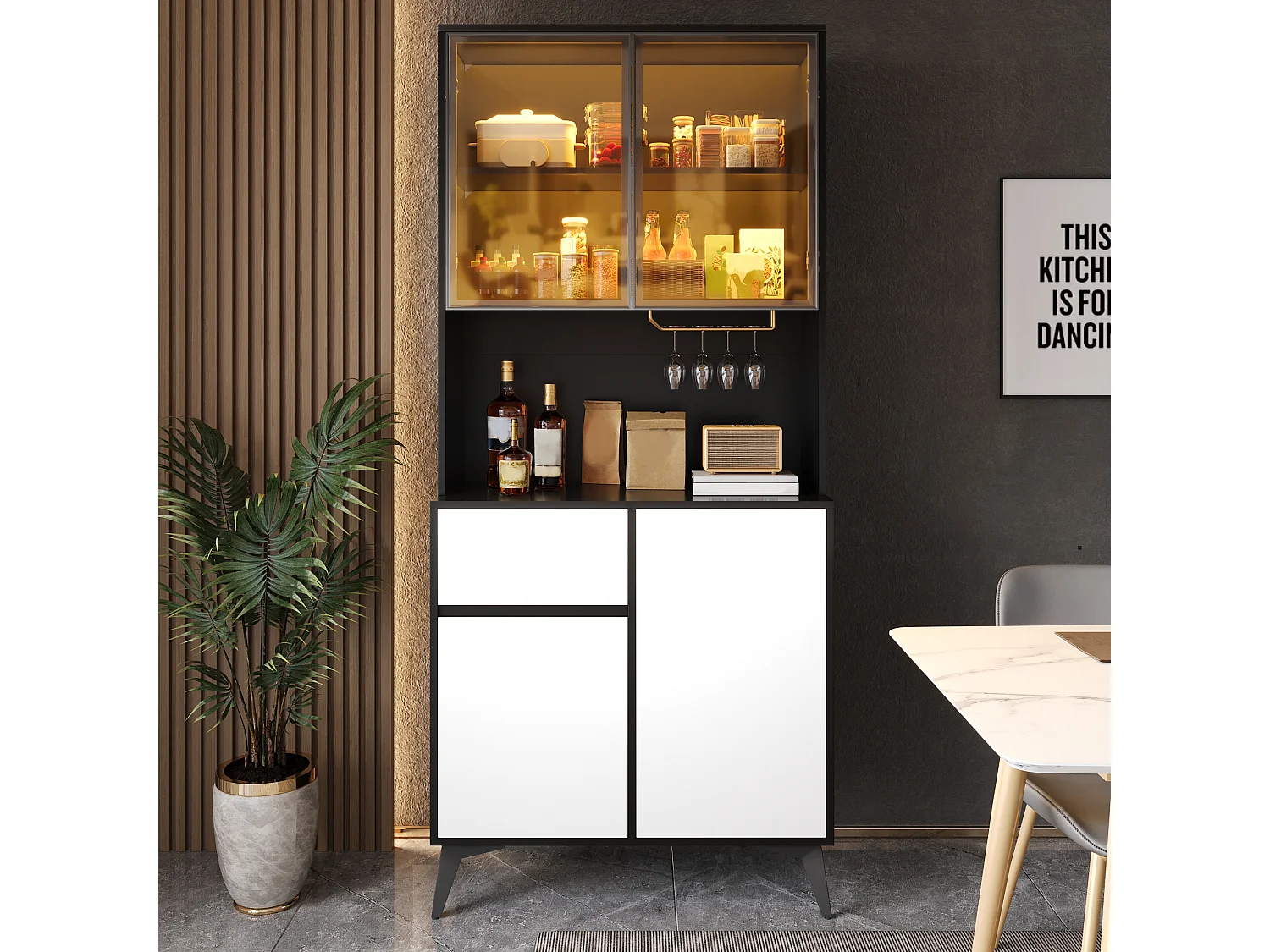 Vitrine/Armoire haute 80x40x180 cm - Éclairage LED - 4 portes et 1 tiroir - Portes vitrées - MDF - Blanc et noir