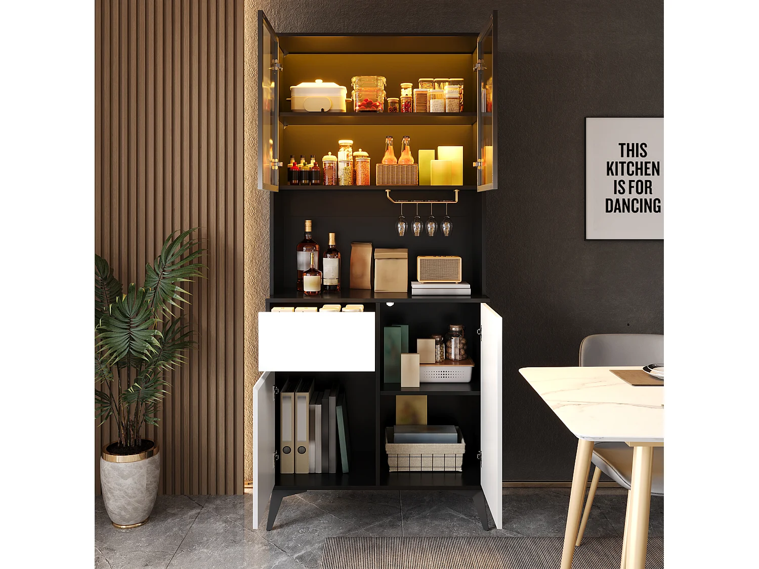 Vitrine/Armoire haute 80x40x180 cm - Éclairage LED - 4 portes et 1 tiroir - Portes vitrées - MDF - Blanc et noir