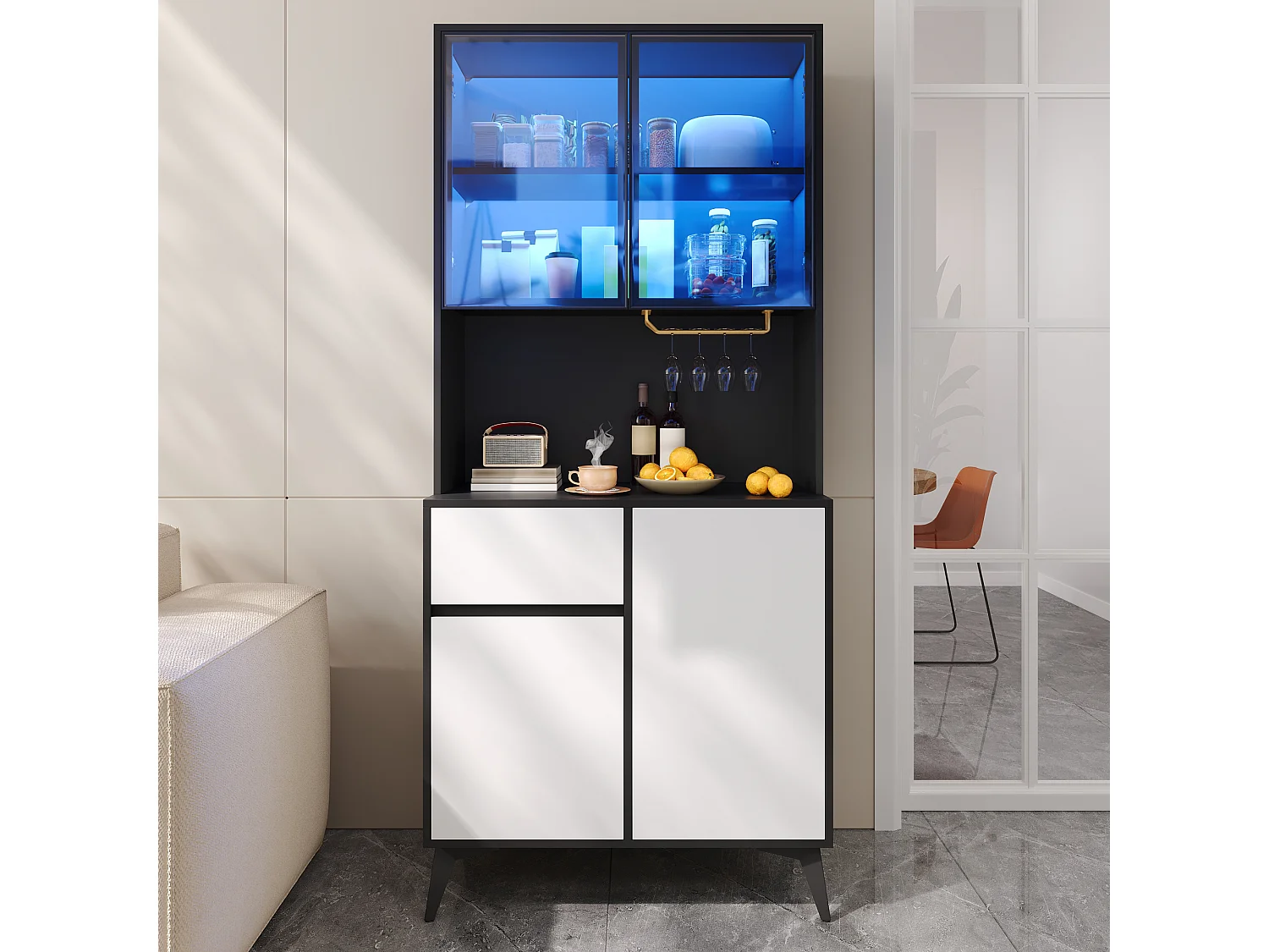 Vitrine/Armoire haute 80x40x180 cm - Éclairage LED - 4 portes et 1 tiroir - Portes vitrées - MDF - Blanc et noir