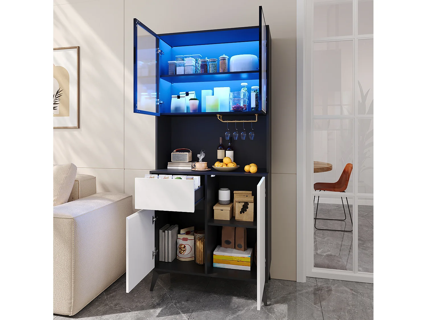 Vitrine/Armoire haute 80x40x180 cm - Éclairage LED - 4 portes et 1 tiroir - Portes vitrées - MDF - Blanc et noir