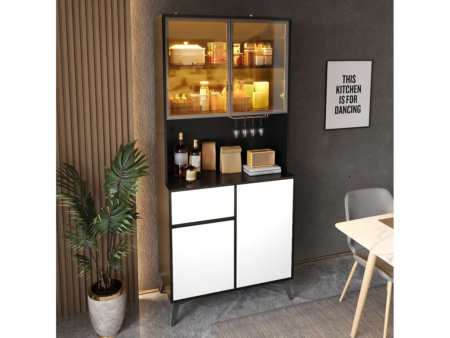 Vitrine/Armoire haute 80x40x180 cm - Éclairage LED - 4 portes et 1 tiroir - Portes vitrées - MDF - Blanc et noir