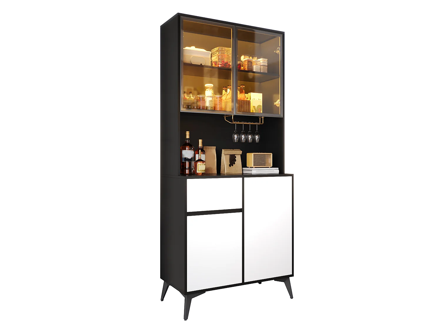 Vitrine/Armoire haute 80x40x180 cm - Éclairage LED - 4 portes et 1 tiroir - Portes vitrées - MDF - Blanc et noir