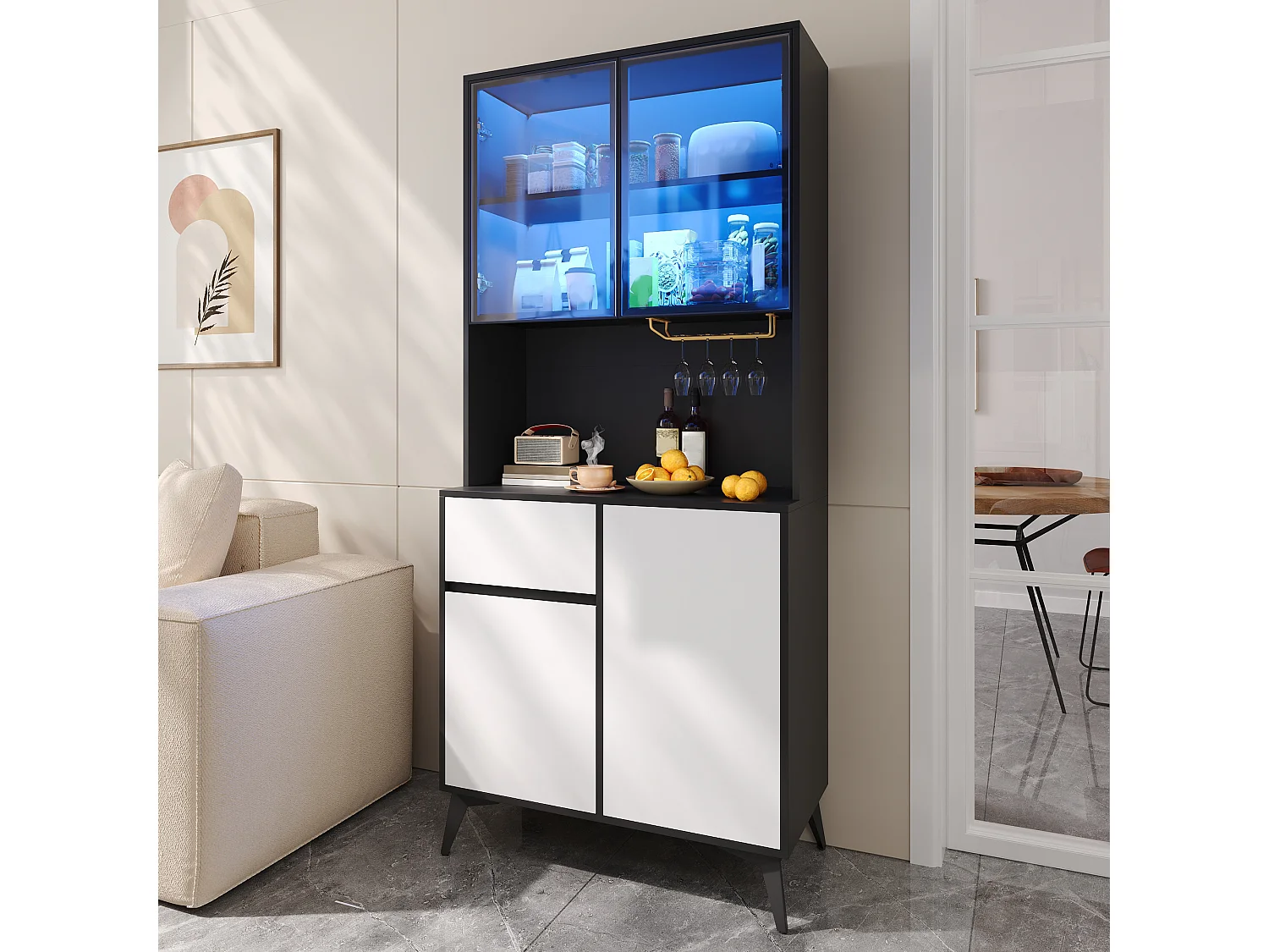 Vitrine/Armoire haute 80x40x180 cm - Éclairage LED - 4 portes et 1 tiroir - Portes vitrées - MDF - Blanc et noir