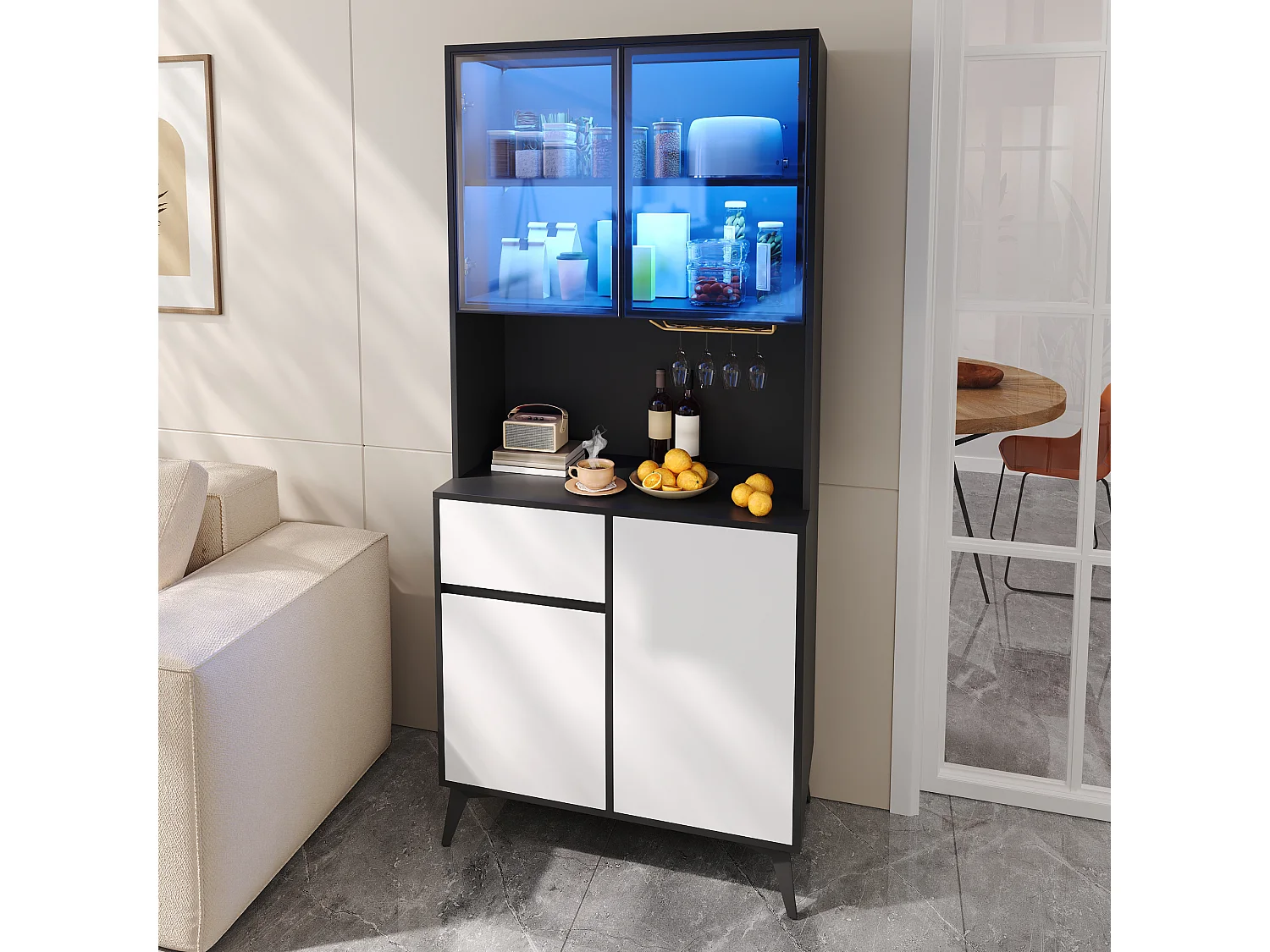 Vitrine/Armoire haute 80x40x180 cm - Éclairage LED - 4 portes et 1 tiroir - Portes vitrées - MDF - Blanc et noir