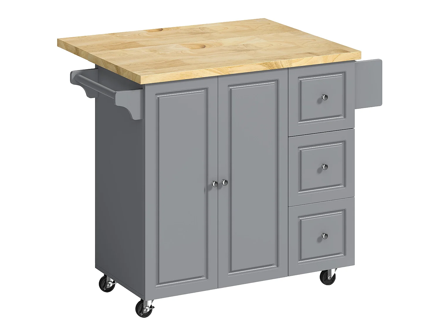 Norado Grey Rolling Kitchen Island with Drop Leaf Rubberwood Top 3 Drawers and Spice Rack