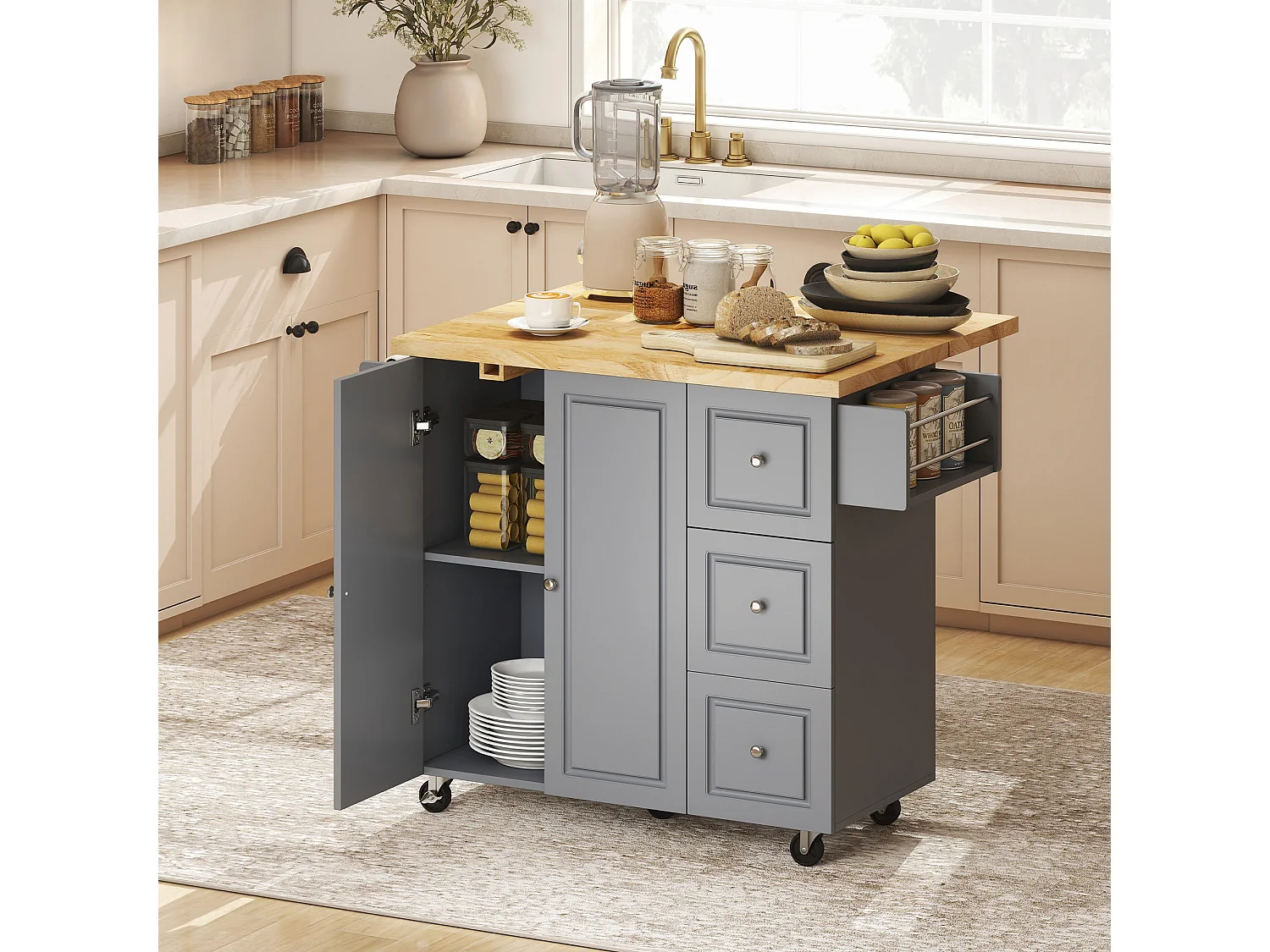 Norado Grey Rolling Kitchen Island with Drop Leaf Rubberwood Top 3 Drawers and Spice Rack